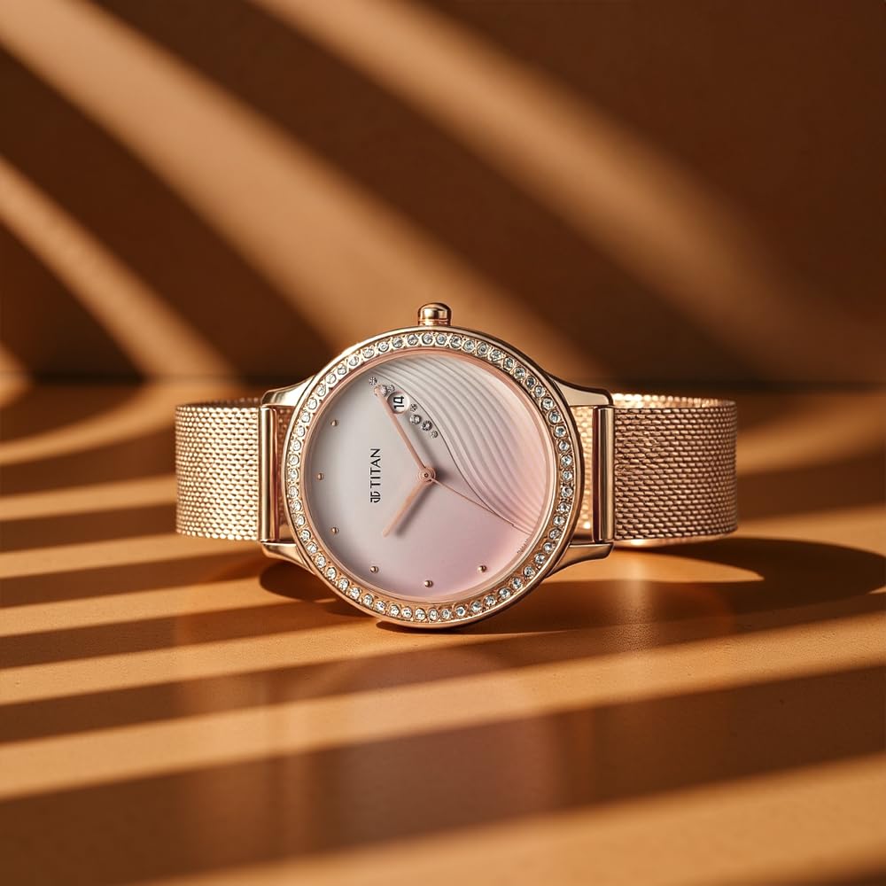 Titan Purple Glam It Up Quartz Analog with Date Pink Dial Rose Gold Stainless Steel Strap Watch for Women - NT2634WM05