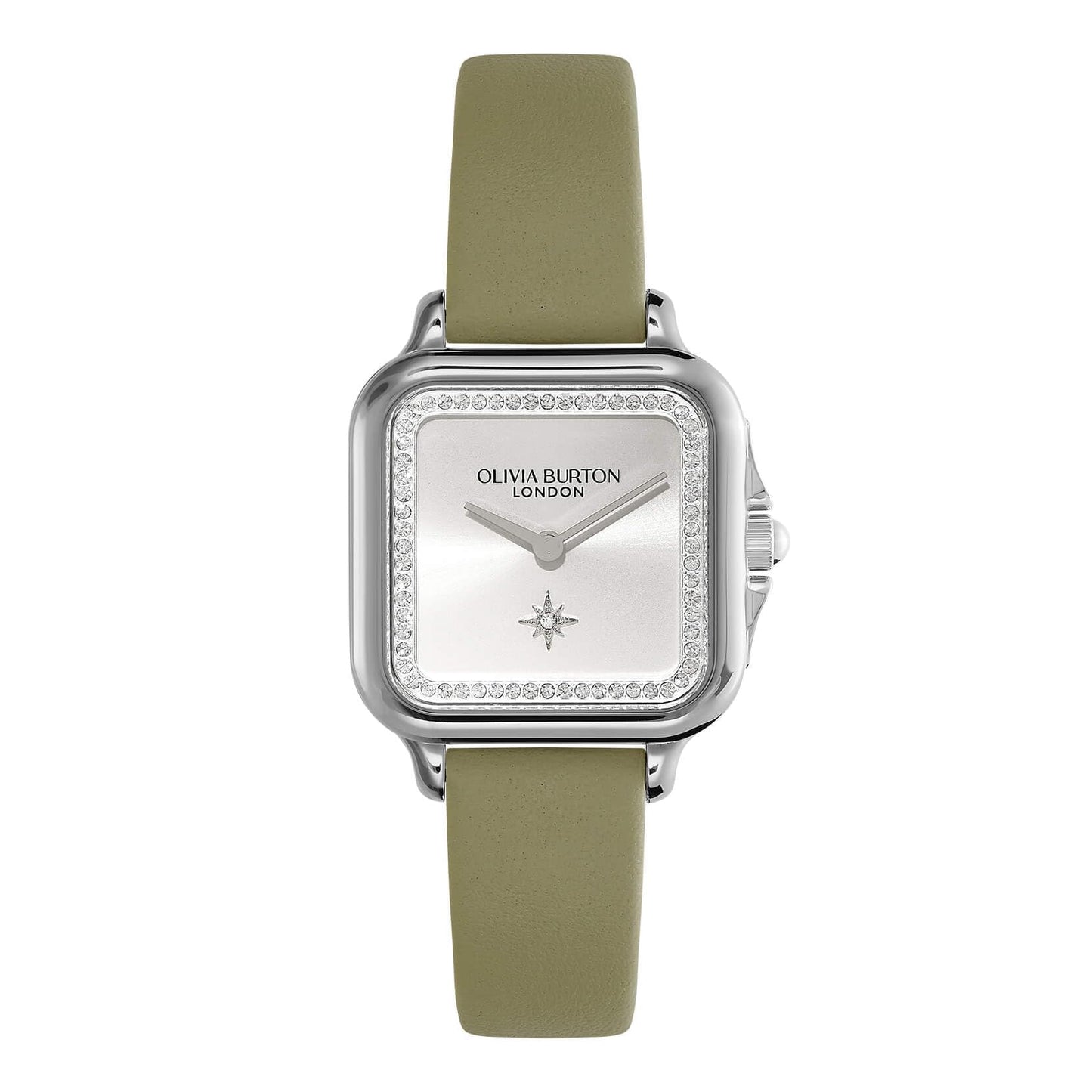Olivia Burton Grosvenor Qtz Basic Slim Silver White Square Dial Women's Watch|Sage Green Calfskin Material|Green Color Band - 24000123