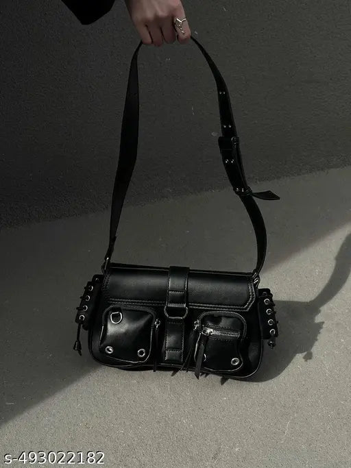 Black Front Double Pocket Decor Crossbody Or Shoulder Bag For Women