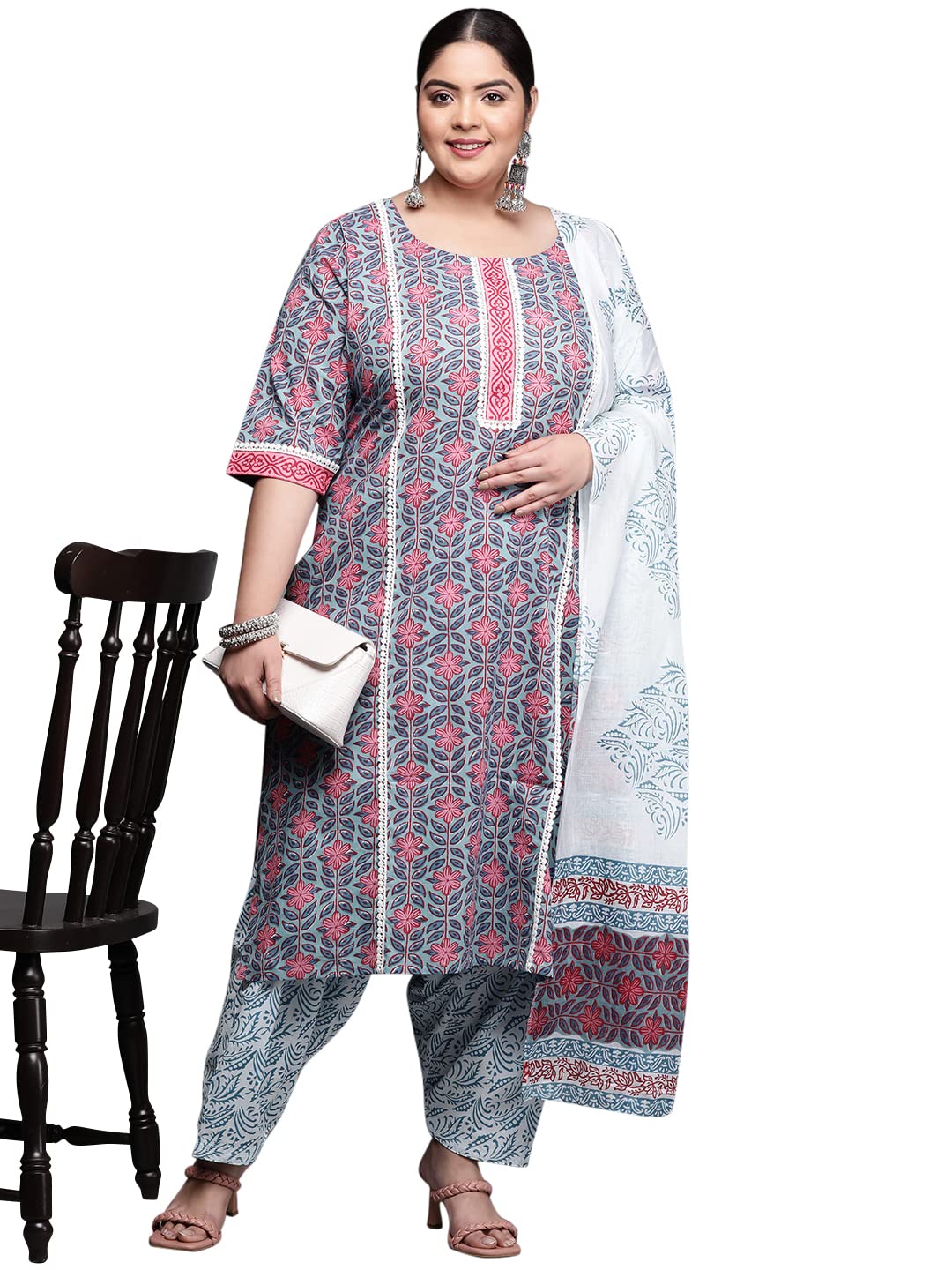 Extra Love by Libas Blue Printed Cotton Straight Kurta Sets for Women