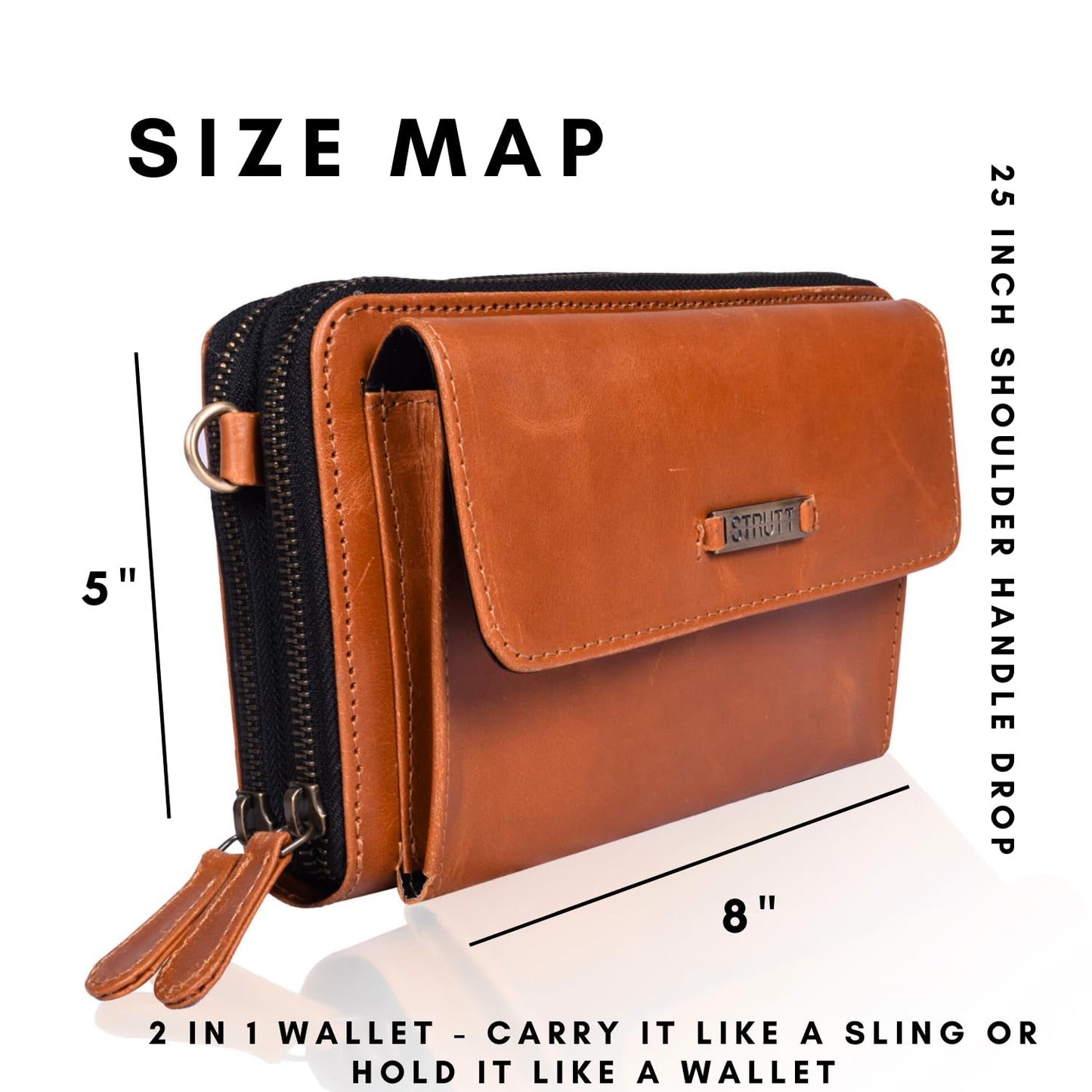 STRUTT VersaCarry 2-in-1 Leather Sling Bag, Women's Mini Wallet, Stylish & Versatile Bag for Teenage Girls, Genuine Leather Cash Wallet with Card Slots, Storage Slots & Detachable Strap - Brown