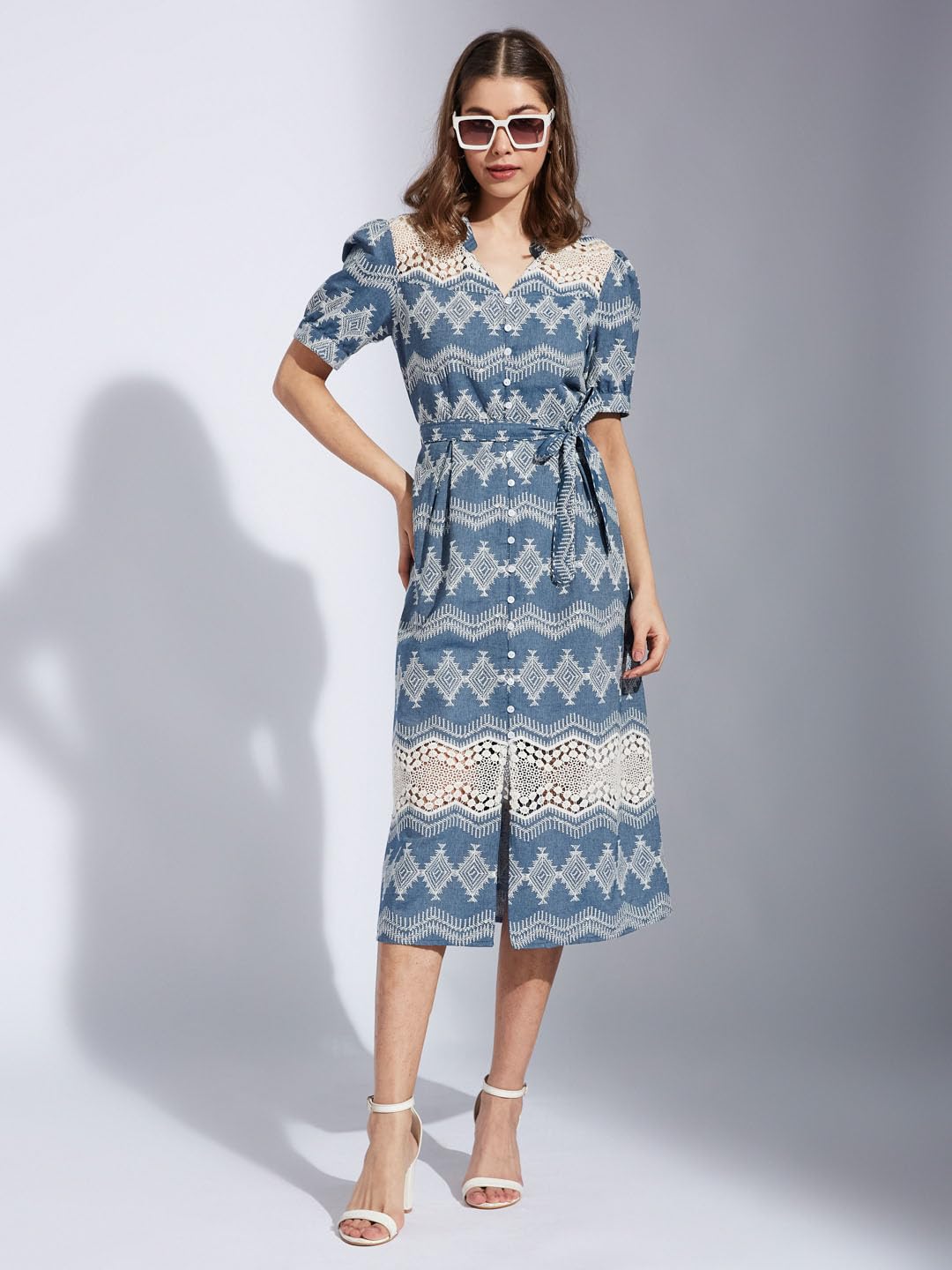 Latin Quarters Women Blue Collar Neck Half Sleeve Printed Shirt Dress_M