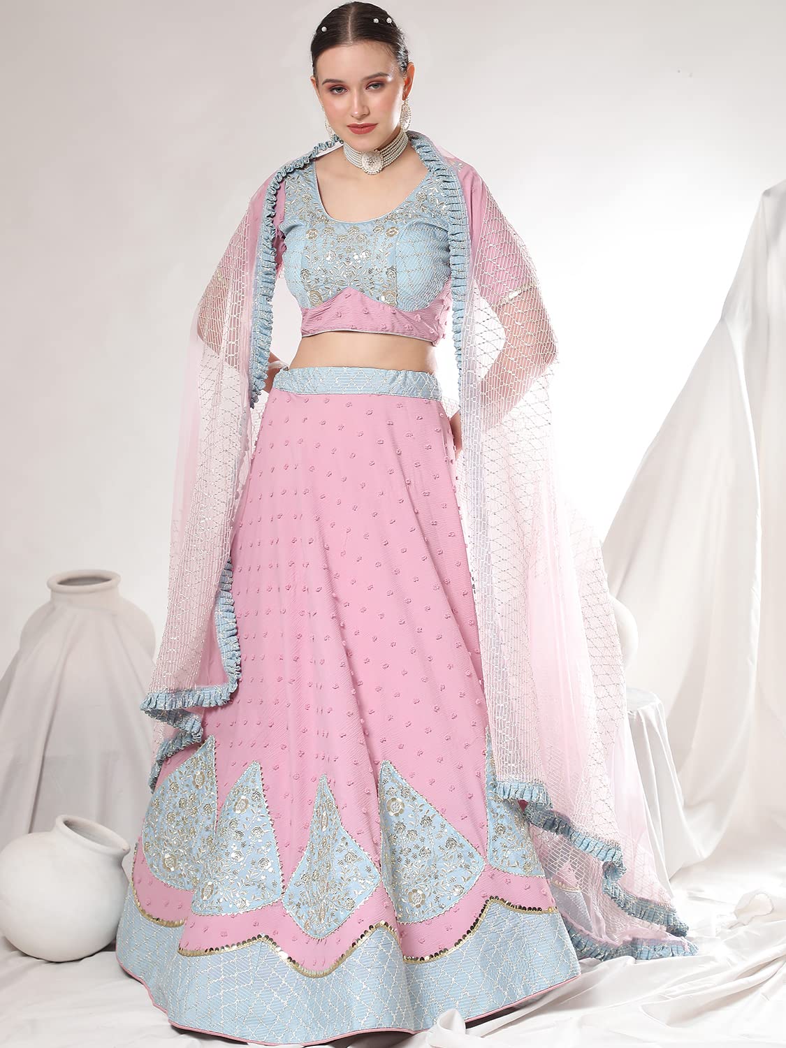 leeza store Women's Pink Georgette Silver Sequins & Zari Patch Work Flared Lehenga Choli With Dupatta