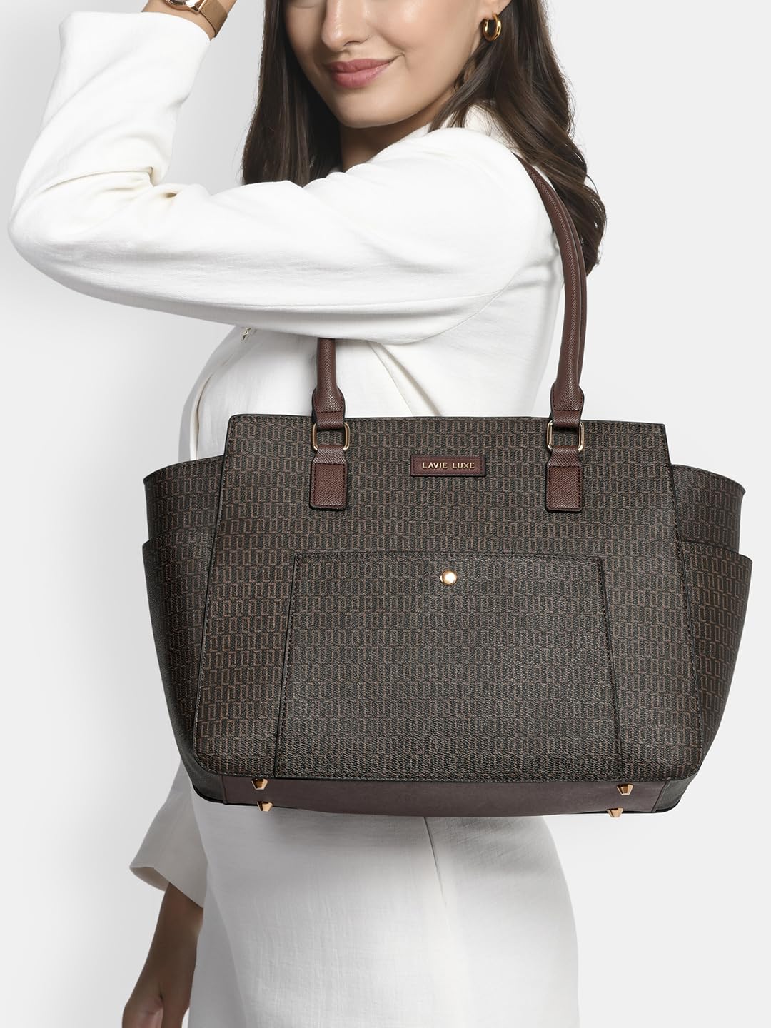 Lavie Luxe Women's Mono Kelly Monogram Print Tote Laptop Handbag for Women | Fits Upto 15 Inch Laptop | Tote Laptop Bag for Work | Ladies purse | Stylish Shoulder Bag | Gift For Women