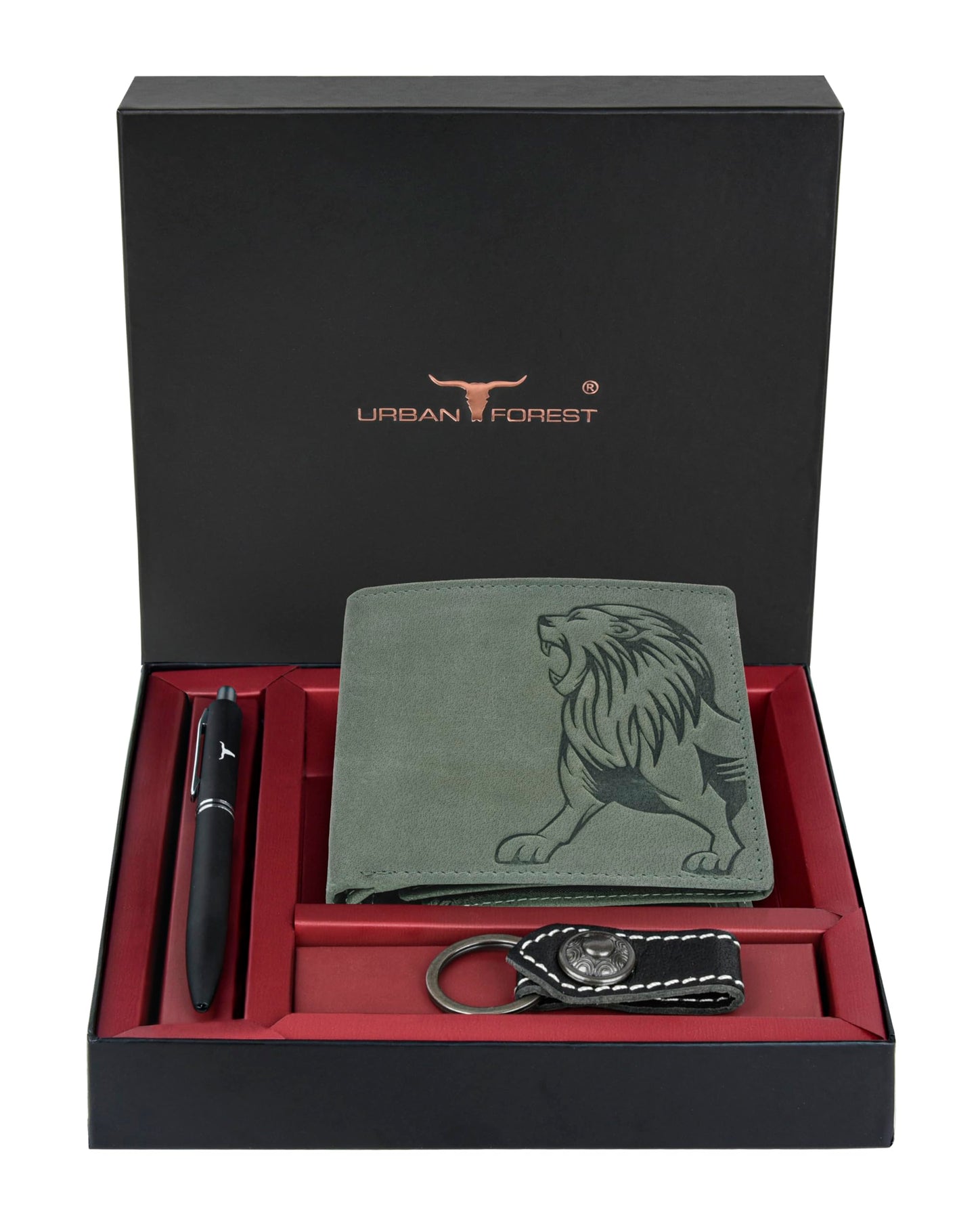 URBAN FOREST Luca Vintage Green Leather Wallet, Black Pen & Keychain Combo Gift Set for Men