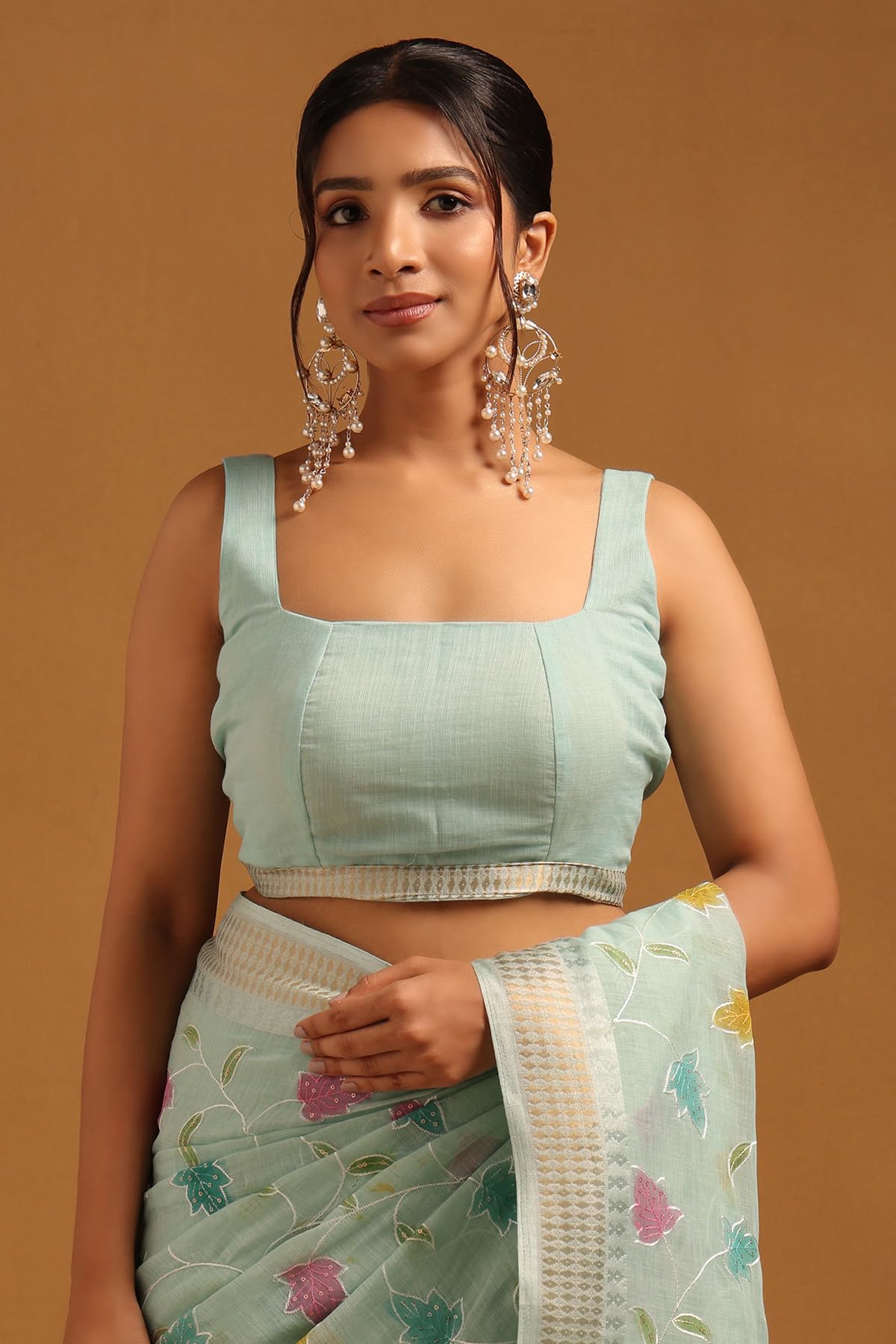 Soch Womens Powder Blue Linen Botanical Saree With Sequins