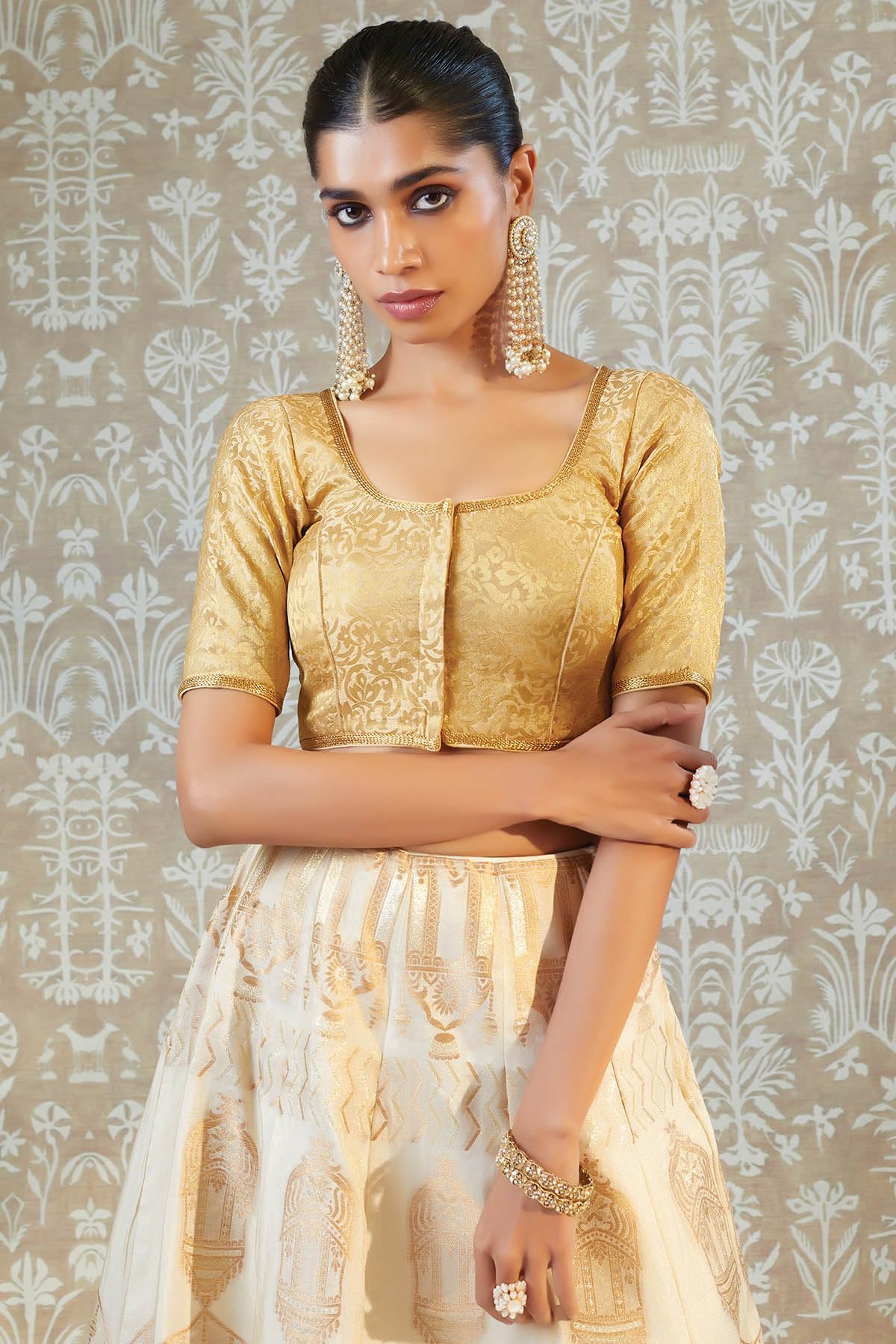 Soch Women Gold Art Silk Floral Blouse(Gold_38)