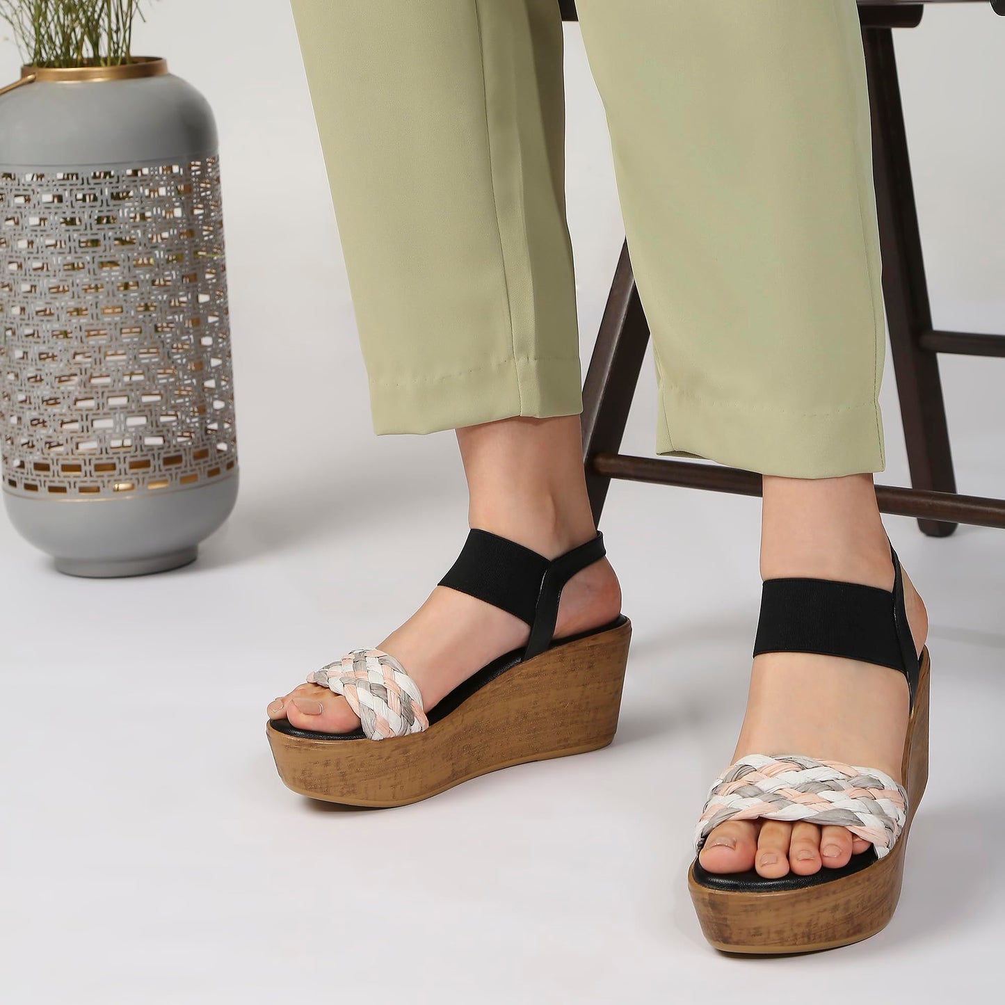 KENNETH COLE Women's Wedge Sandal | Synthetic Upper | Woven Vamp Strap, Cork Wedge, Slingback