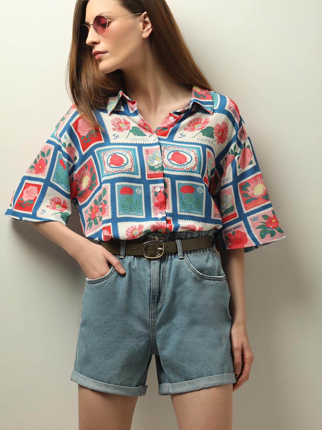 VERO MODA Women Graphic Print Blue Viscose Oversized Shirt
