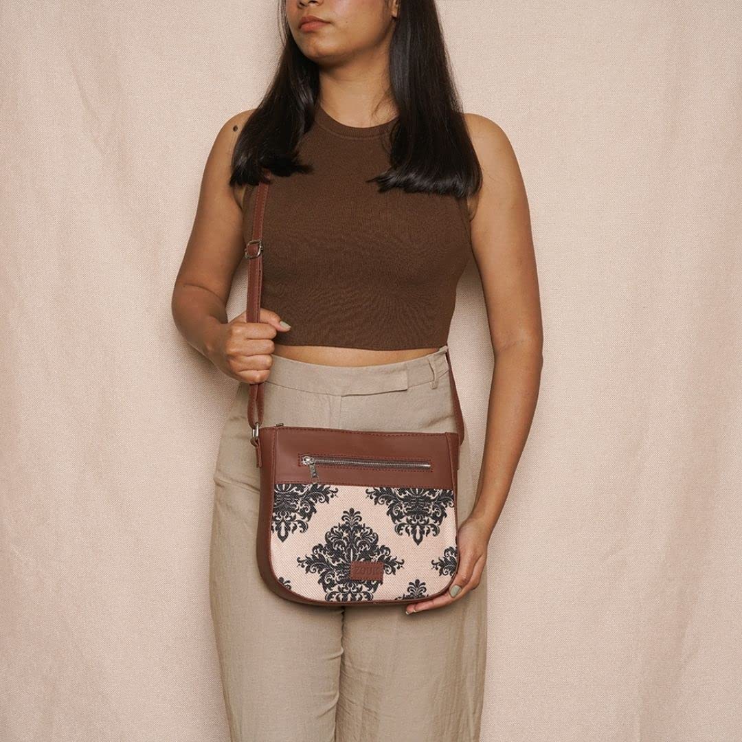 ZOUK Women's Handcrafted Cream Mughal Motif Printed U Shaped Sling Bag