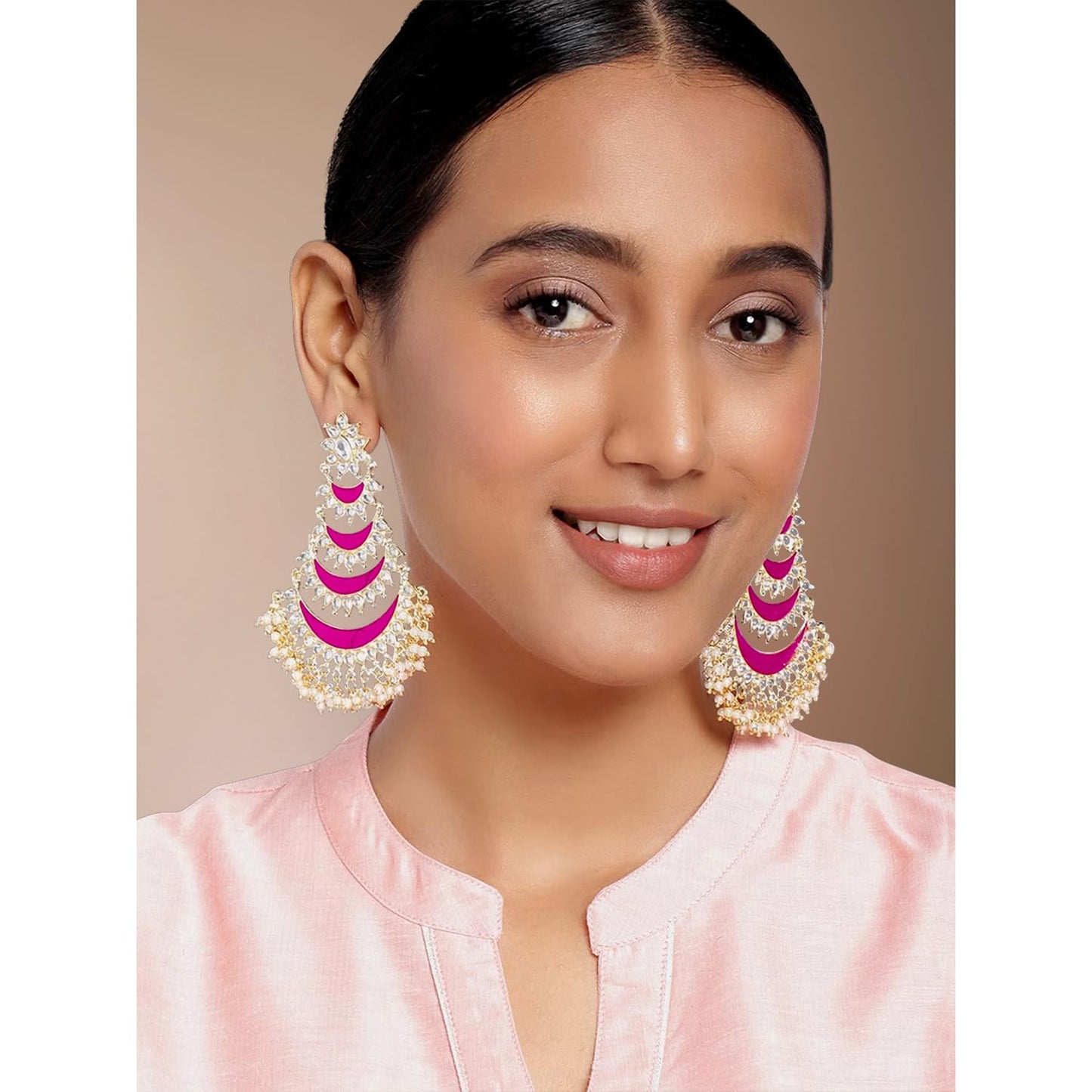 Peora Gold Plated Rani Pink Kundan & Lariya Studded Dangle Earrings Ethnic Jewellery for Women