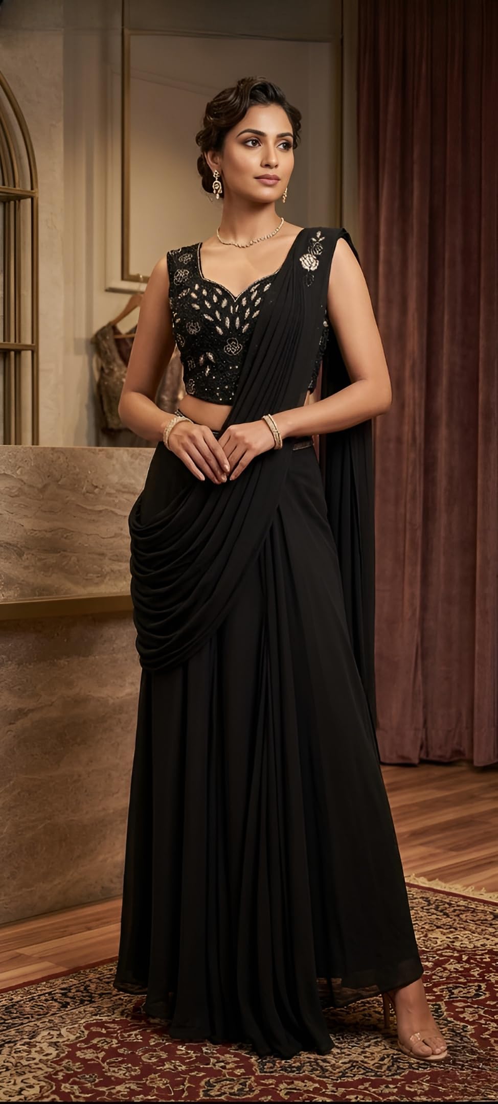 Black Pre-Draped Saree Gown with Embroidered Blouse, Ready to Wear, Ethnic Wear for Women