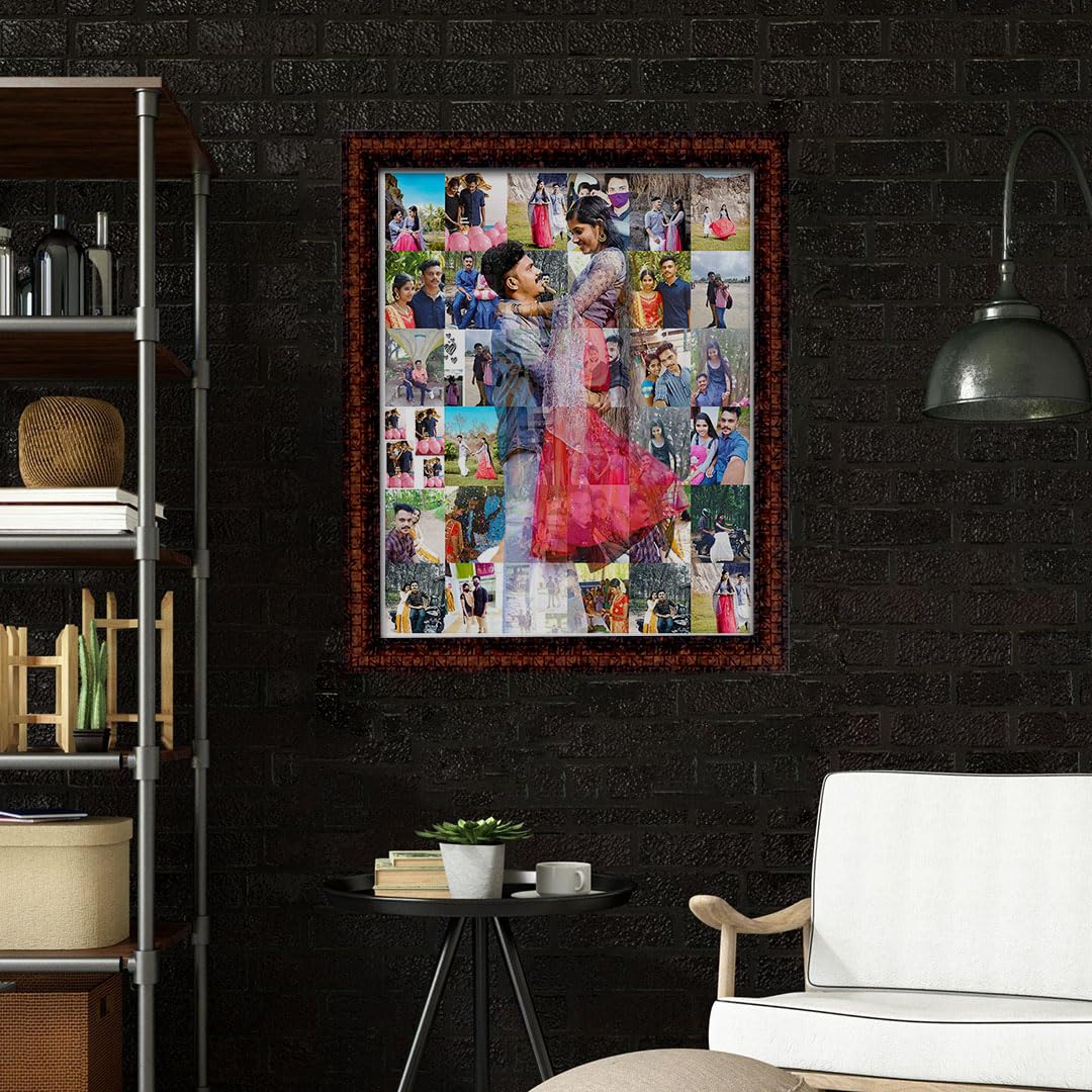 MUSHA - Personlized Mosaic Collage Wooden Rectangular Photo Frame | 8 MM Wooden Frame | Random Brown Frame | Latest Matt Finished | Wall Mount | 16x20 Inch | 144 Photo Included