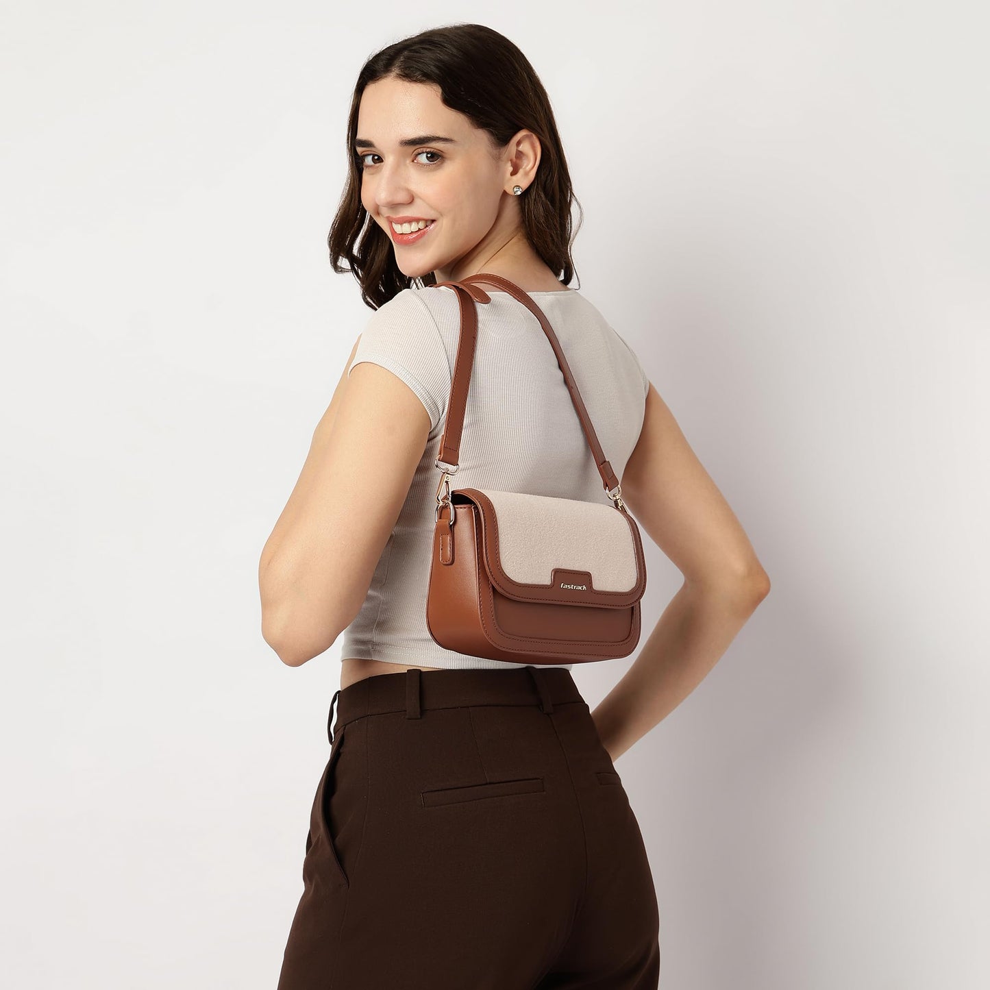 Fastrack Sherpa-Panel Sling Bag for Women | Faux Leather Crossbody with Zipper Closure, Gold Hardware and Detachable Strap | Compact Textured Bag for Casual and Evening Outfits