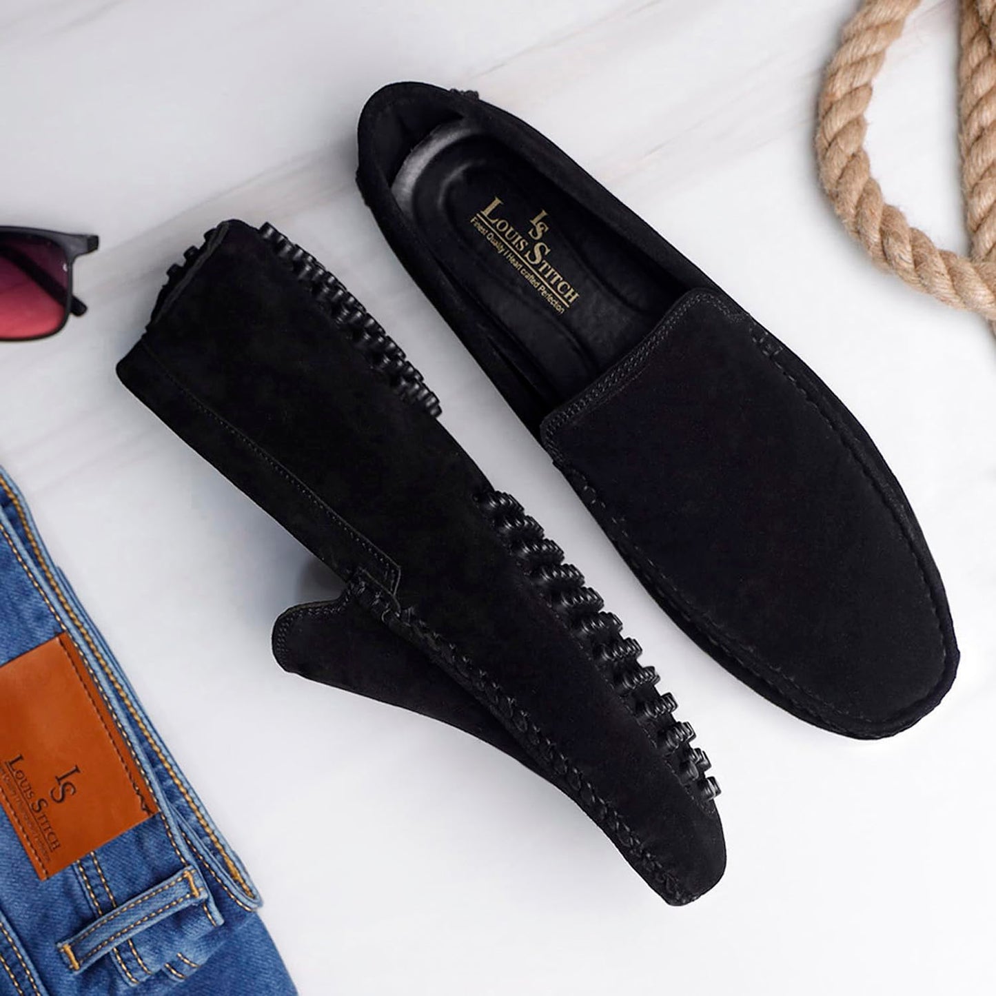 LOUIS STITCH Men's Obsidian Black Italian Suede Leather Driving Loafer Moccasins Casual Loafers for men (ITSUP-) (Size- 8 UK)