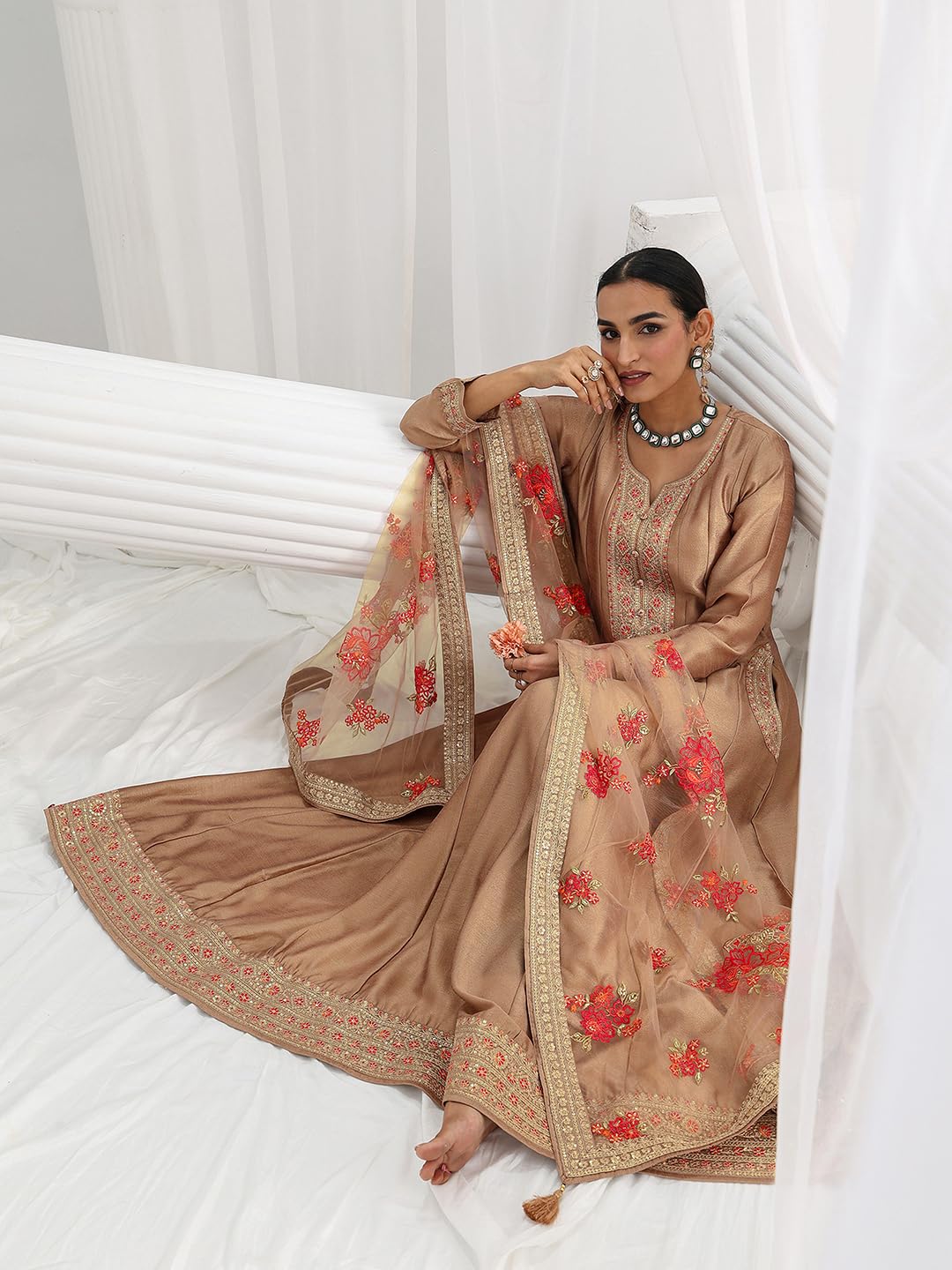 Libas Embroidered Silk Blend A-Line Ethnic Dress with Dupatta-93638L