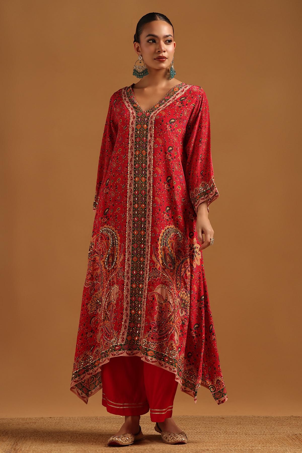 Soch Womens Red Crepe Paisley Print Salwar Suit With Beads And Stones