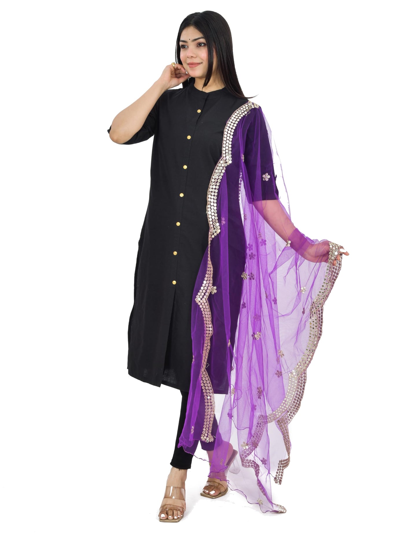 YOUTHQUAKE Embellished Mirror Half Curve Trendy Design Soft Net Dupatta for Womens & Girls (Purple)