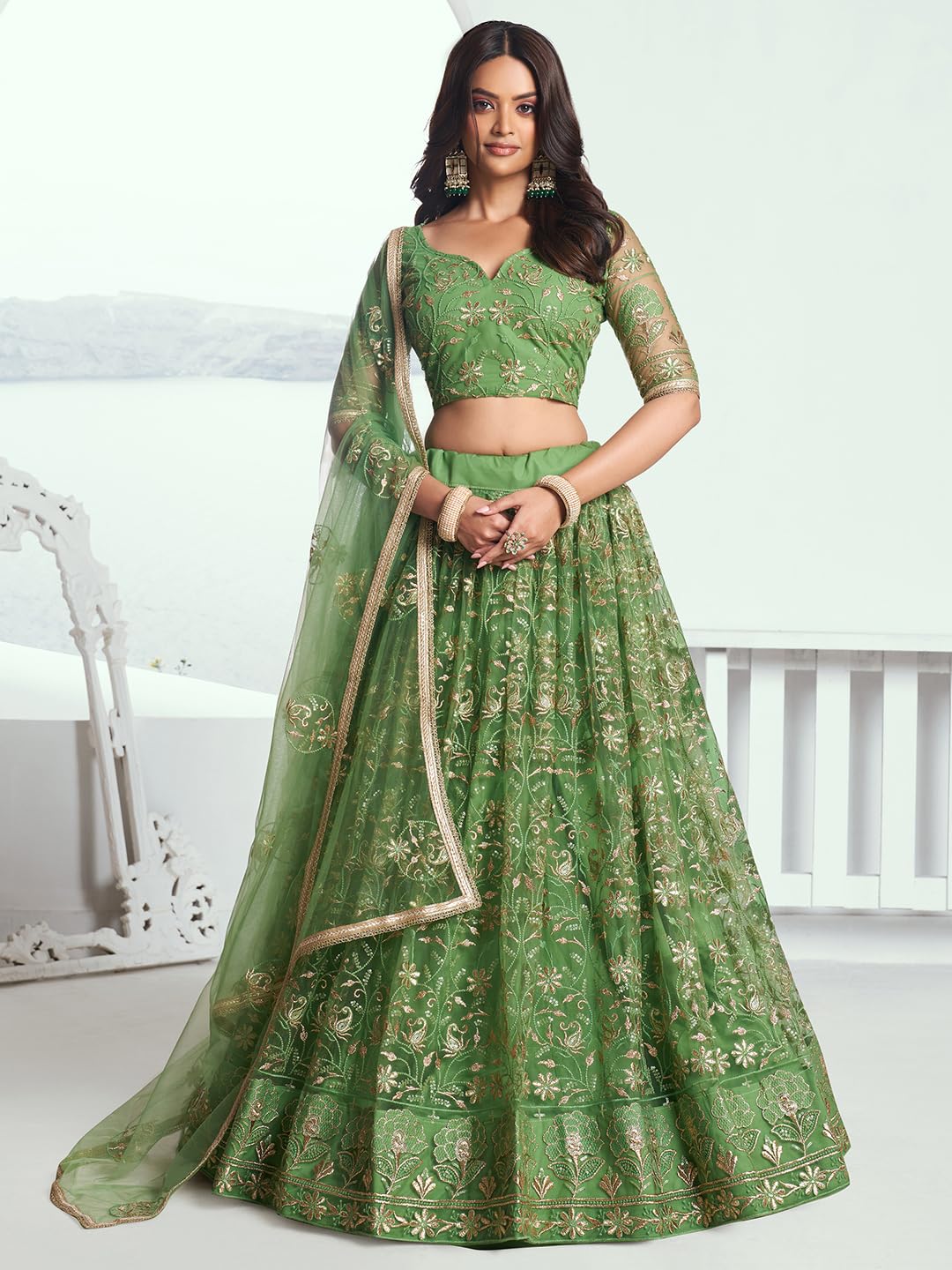 Zeel Clothing Women's Cotton Thread Sequins Work Embroidery Soft Net Readymade Lehenga Choli With Dupatta (Nfh-2205-Pista-Green-Women-Lehenga Choli Set Latest; Free Size)