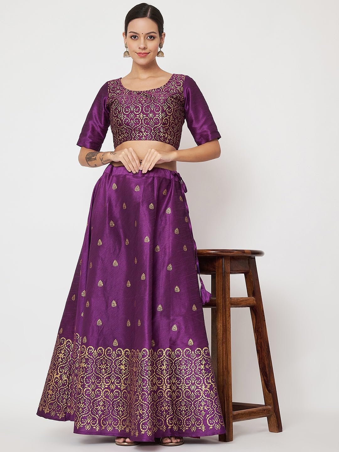 studio rasa Women's Dupion Hand Block Printed Bias Skirt for Wedding Festive Party (SKTC52403L_Purple_Large)