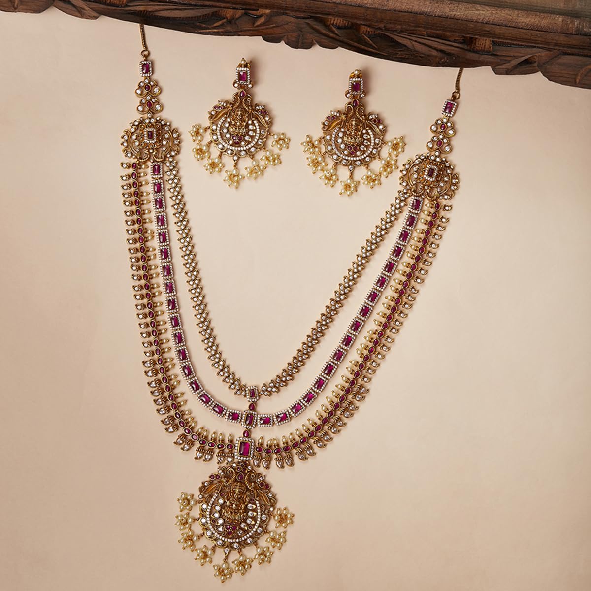 VOYLLA Antique Inspired Opulent CZ and Faux Pearls Multi-Strand Brass Gold Plated Jewellery Set