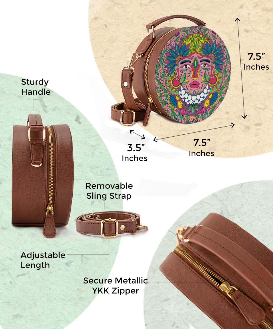 Kalankit Round Sling For Women | Girls Crossbody Bags | Side Bags With Adjustable Strap | Travel Box Sling Bags | Ancient Culture