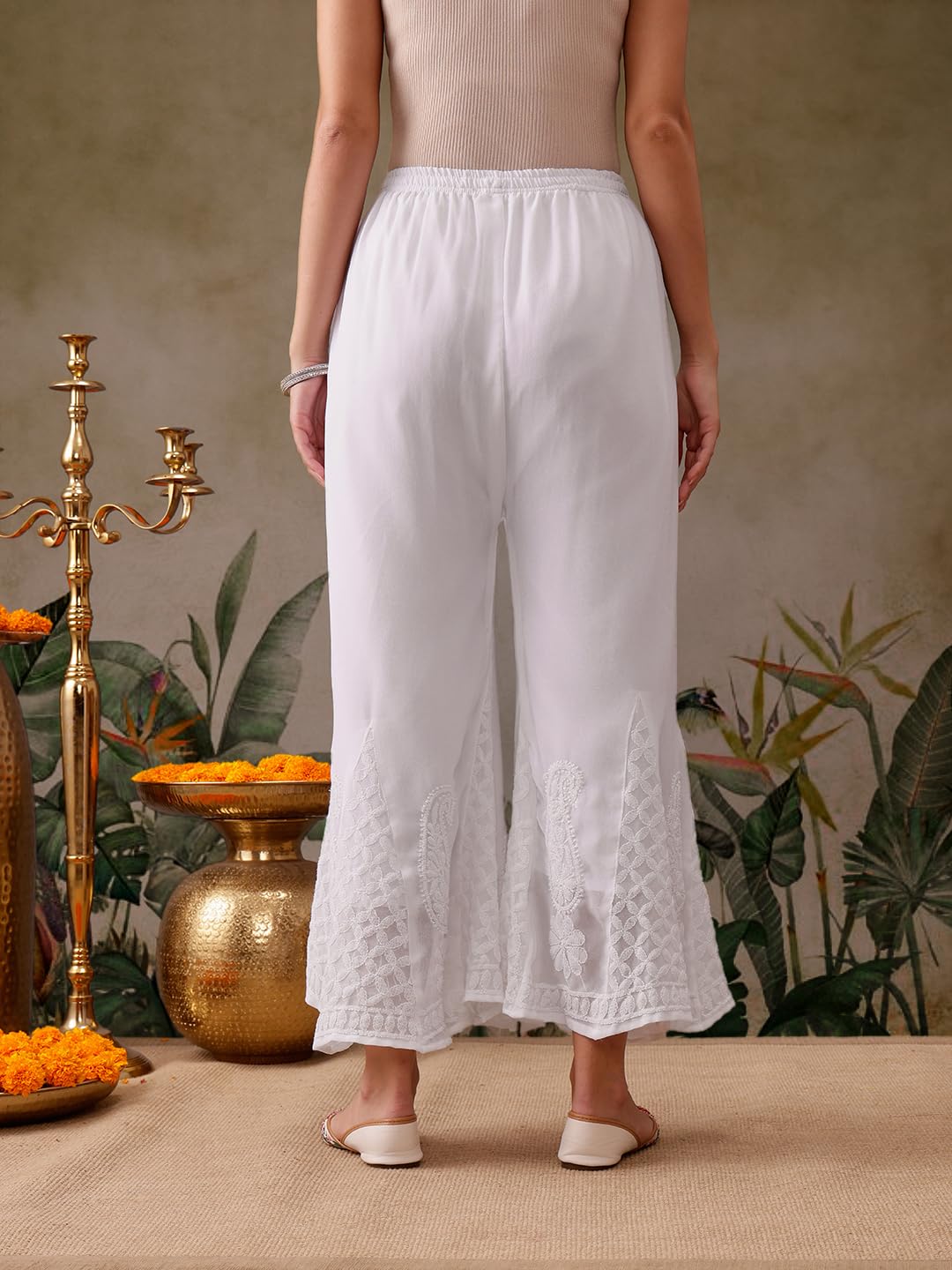 Ada Lucknowi Hand Embroidery Chikankari White Faux Georgette Flared Mid Rise Palazzo for Women A711166 (2XL)