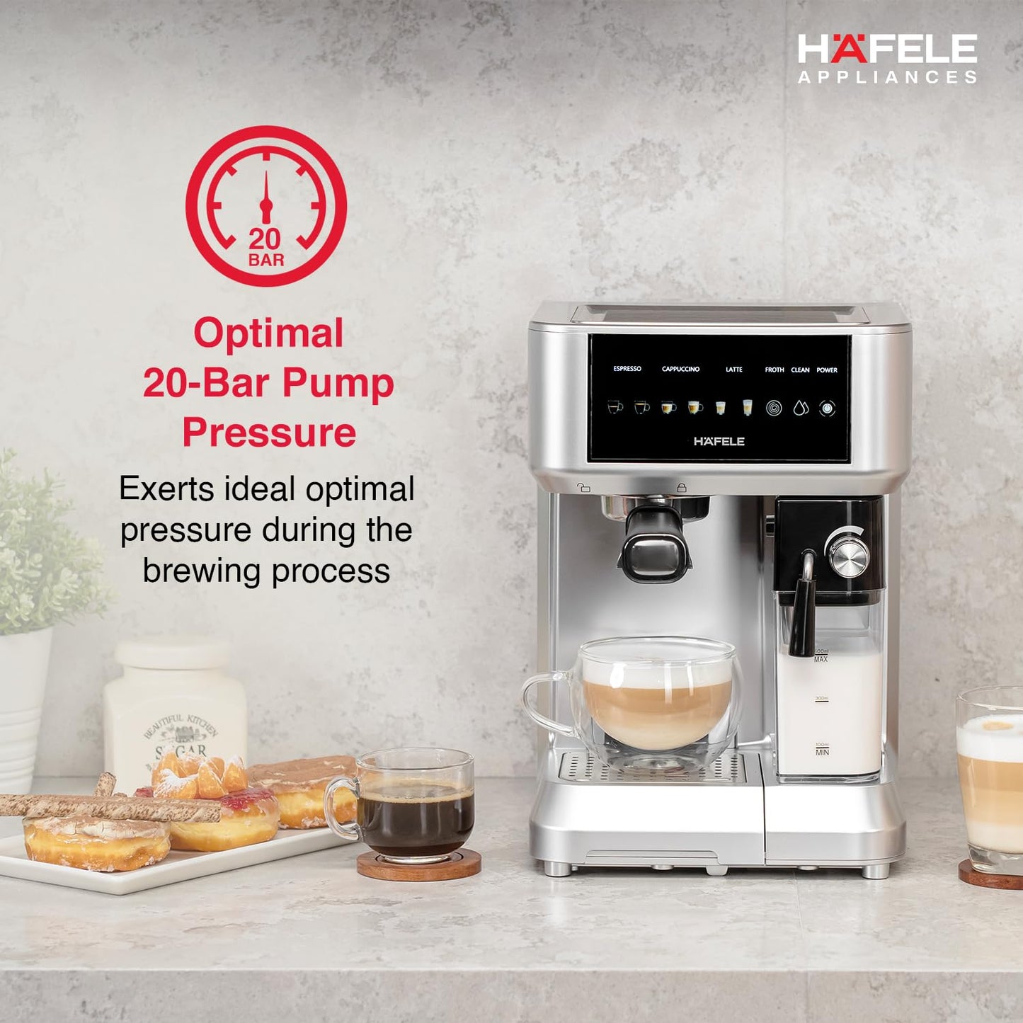 HAFELE U-Kaffee Nova Coffee Machine| 20-Bar Pump Pressure | Removable Water Tank (1.6 L)| Rapid Thermoblock Technology | Built-in Semi-automatic Cleaning | 2 Year Warranty | Silver