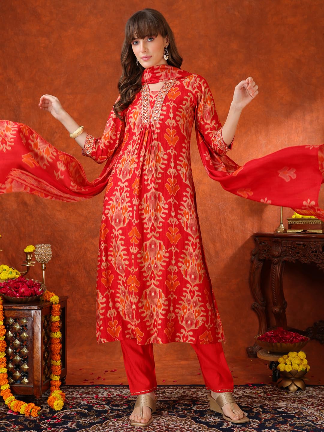 NIVANA Embroidered & Printed Kurta with Pant & coordinated Dupatta|Red|L