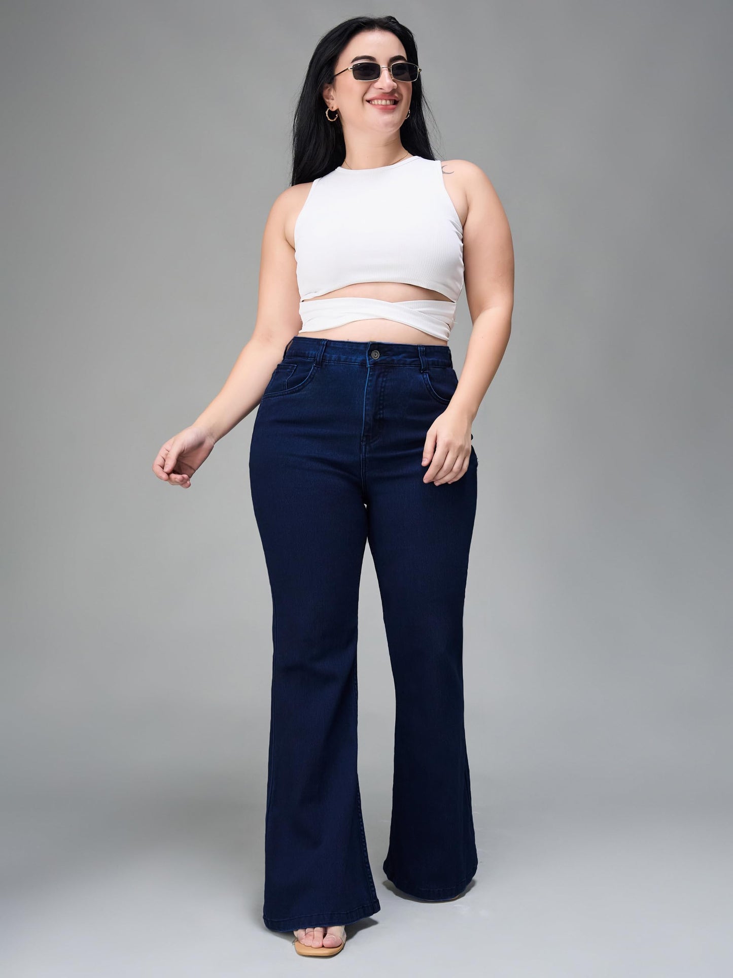 Miss Chase A+ Women's Wide Leg High Rise Regular-Length Stretchable Denim Jeans (APSS23DEN12-53-887-36, Kyanite Blue, 36)
