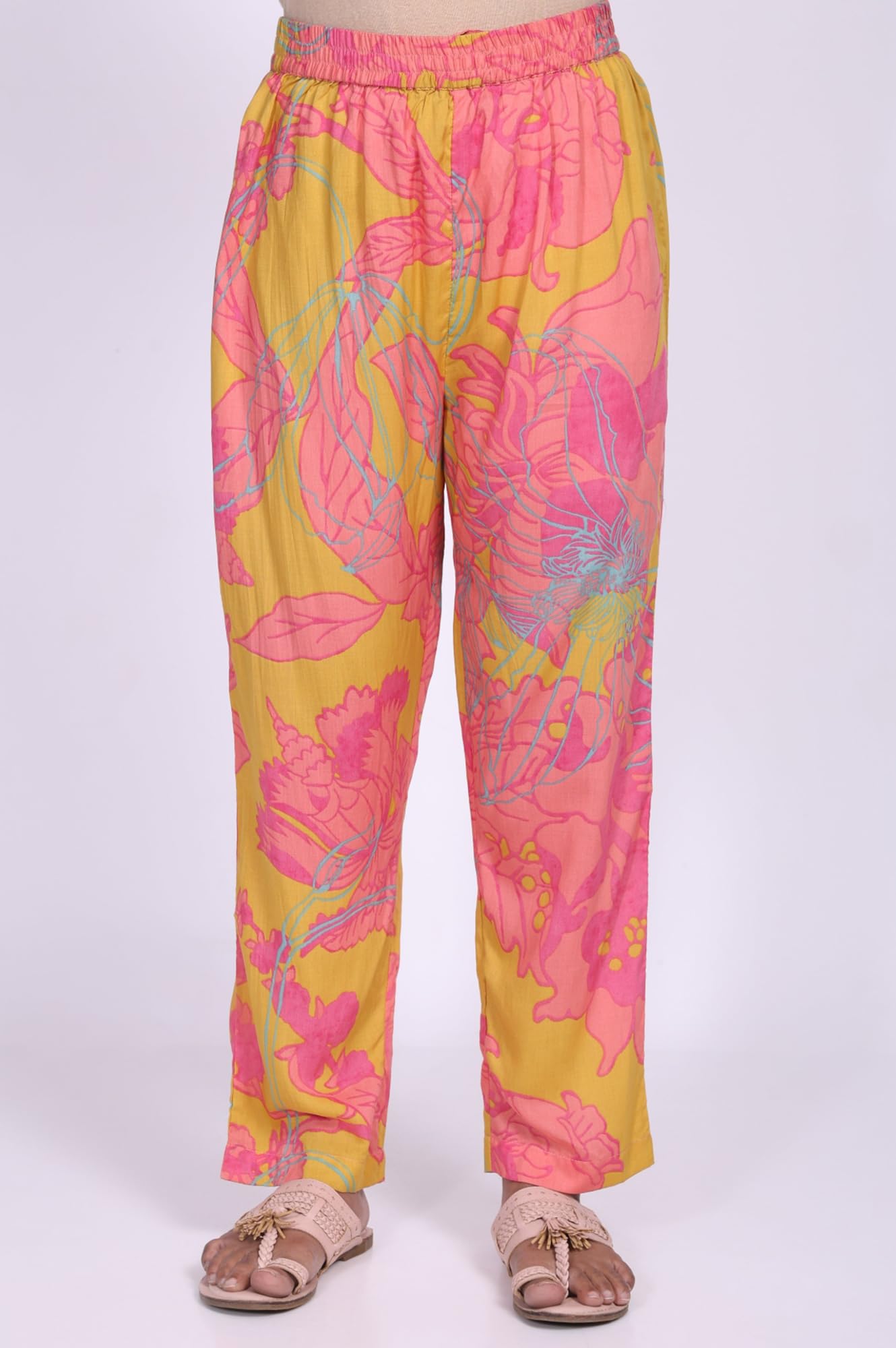 W for Woman Yellow Floral Printed Modal Straight Kurta with Straight Pant Set - (WS13917-127647-XL)