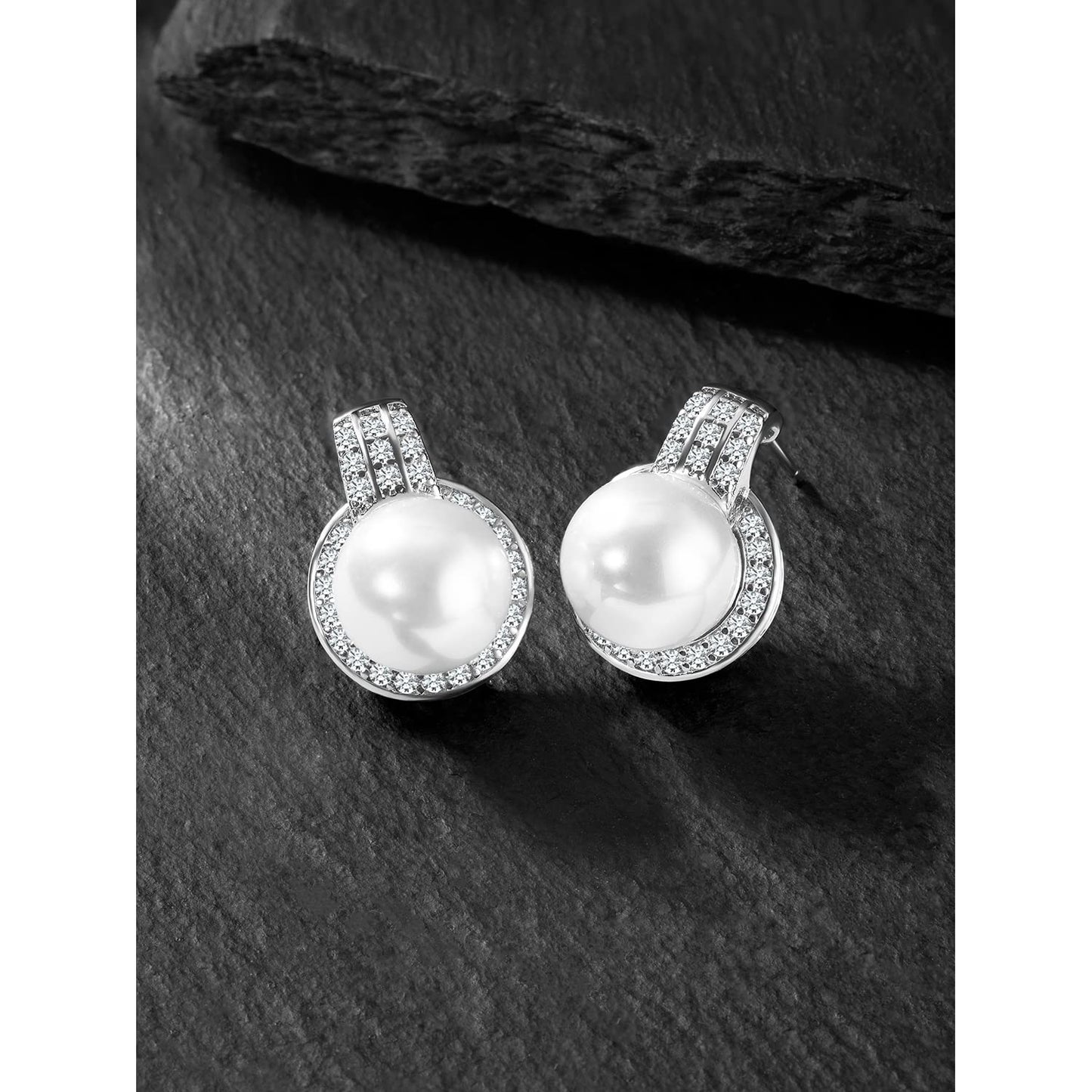 Peora Silver Plated Cubic Zirconia & Pearl Studded Hoop Earrings Stylish Fashion Jewellery Gift for Women & Girls