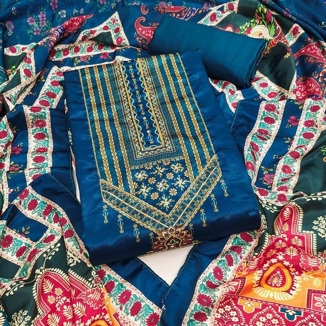 VARNI FABRICS Chinnon Dress Material for Women Digital Print Unstitched Woman Salwar Suit Dress Material With Chinnon Dupatta Teal Blue
