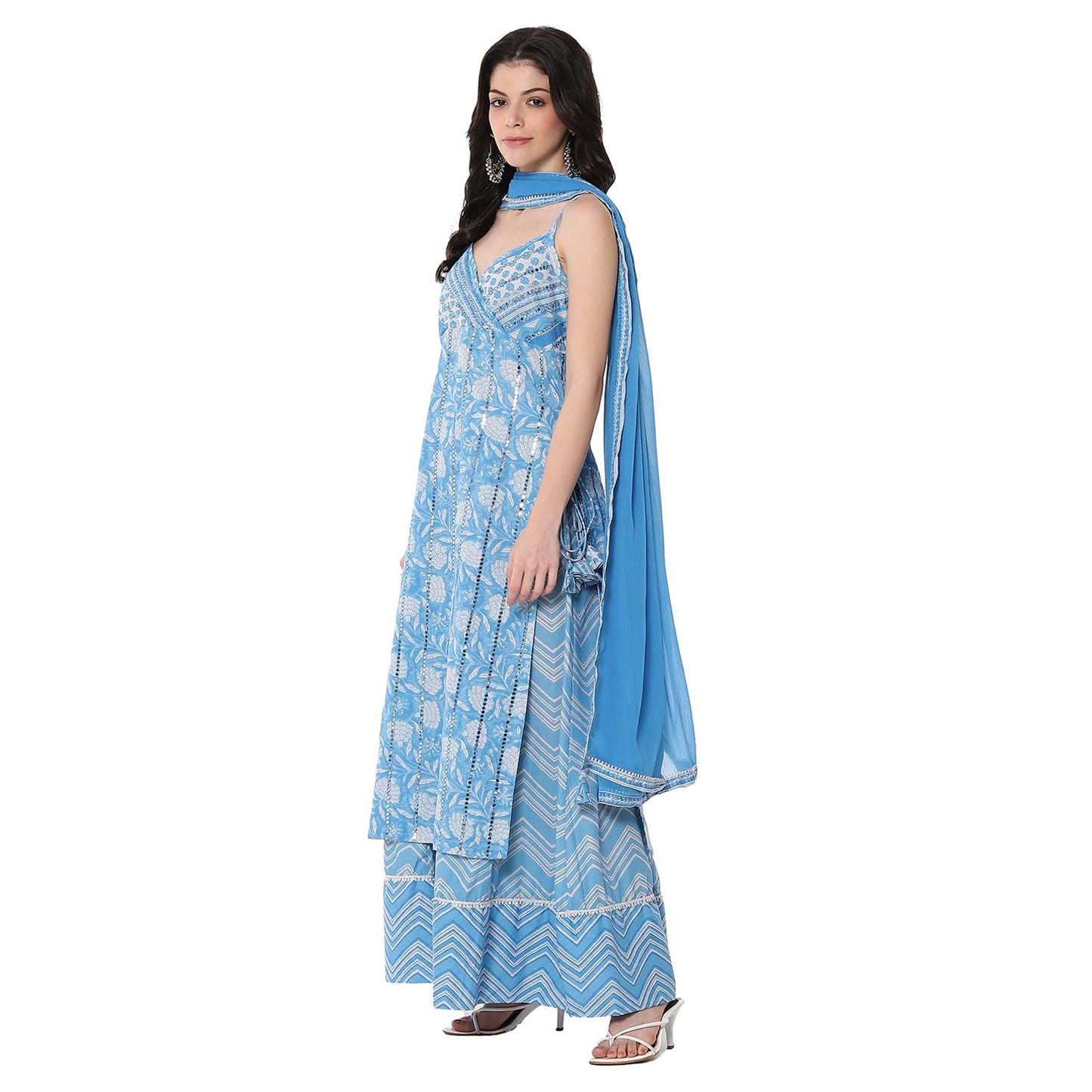 BIBA Women Blue Cotton Floral Strappy Straight Kurta Set_34