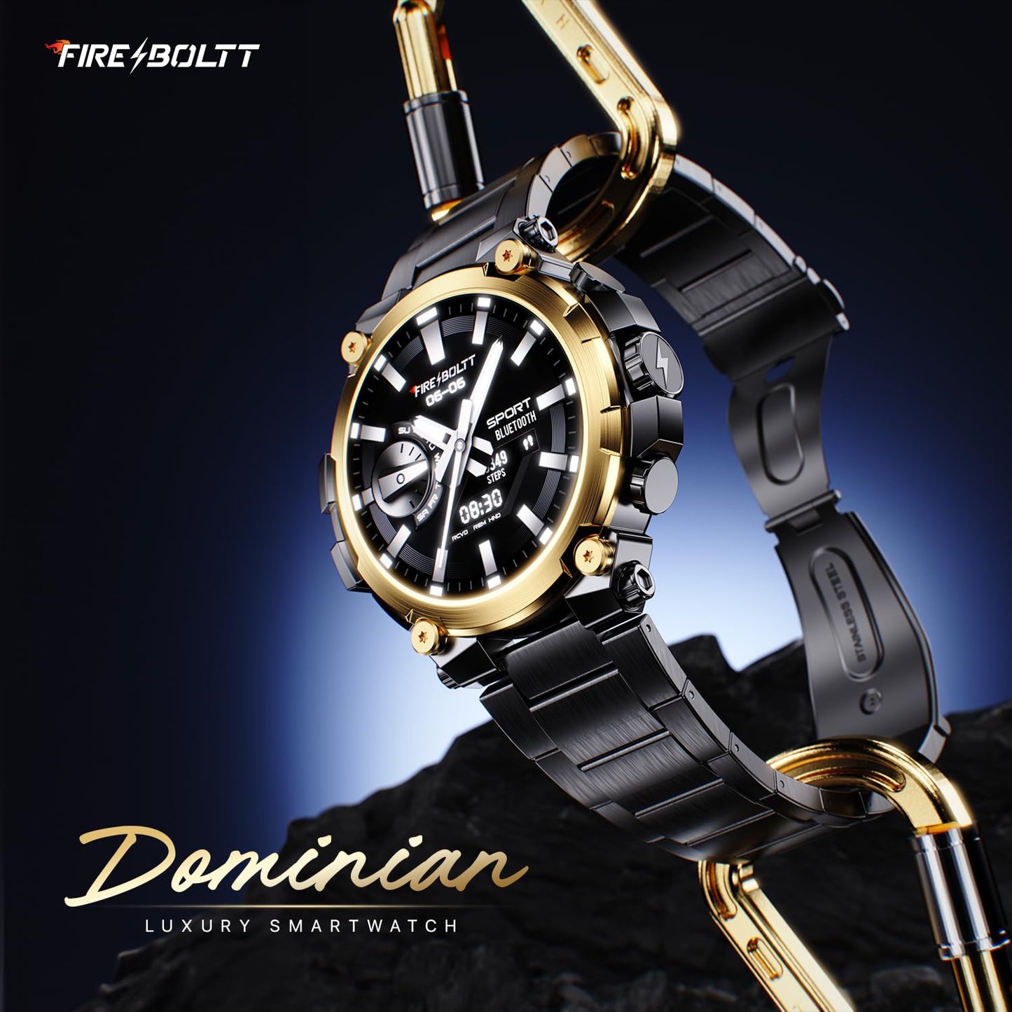 Fire-Boltt Dominian 36.3mm (1.43 inch) AMOLED Display, Stainless Steel Design, 466 * 466 px Resolution, Bluetooth Calling, Multiple Sports Modes, Health Mode, IP67, Weather Updates (Black Gold)