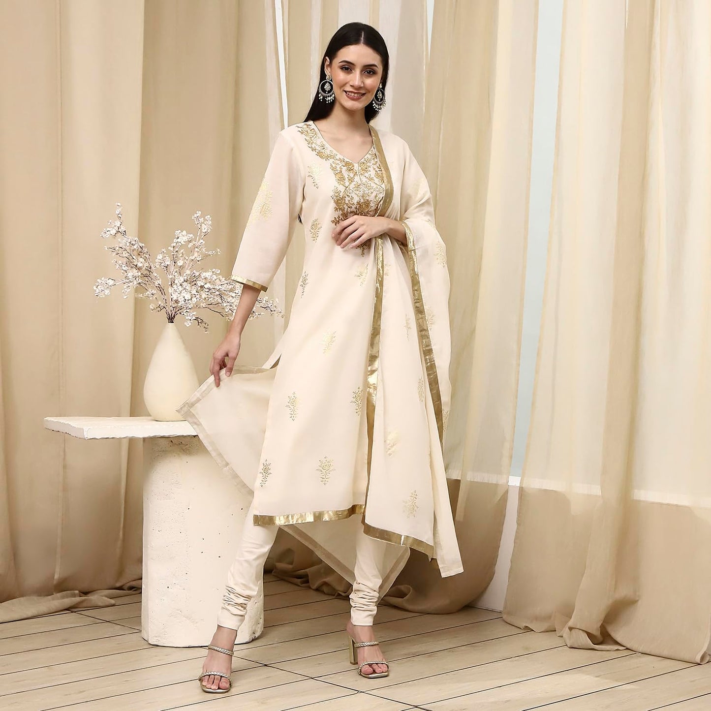 Biba Women's Poly Chanderi Kurta Set (SKDASRT7716ESS25OWHT_Off White