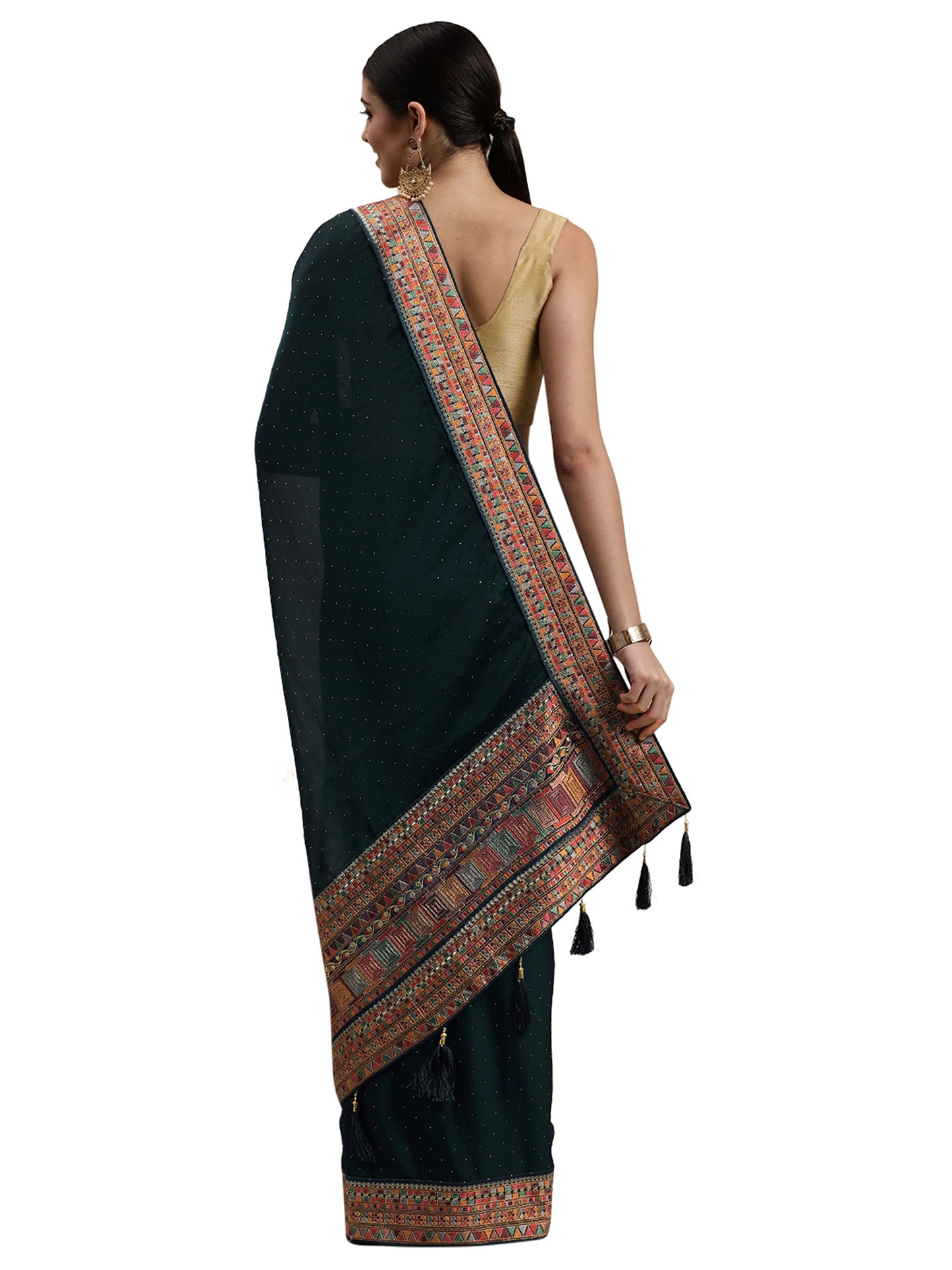 MOHEY Women's Saree, All Over Boota, Border Saree with Blouse Piece, Traditional Womens Saree, Satin (Blue)