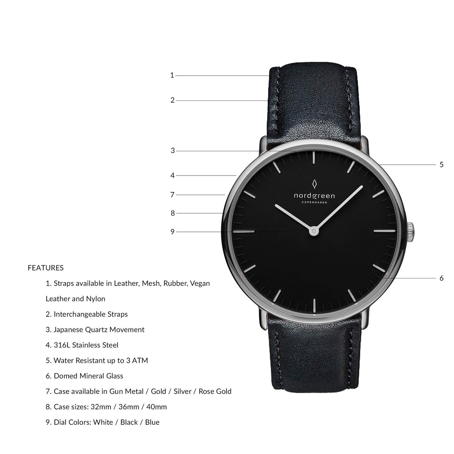 Nordgreen Native Scandinavian Silver Unisex Analog Watch with Black Dial and Black Leather Strap 15119