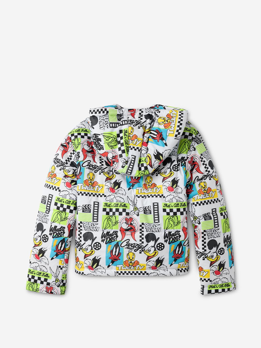 The Souled Store Looney Tunes: Old School Young Girls Long Sleeve Hooded Neck Polyester Puffer Jackets White