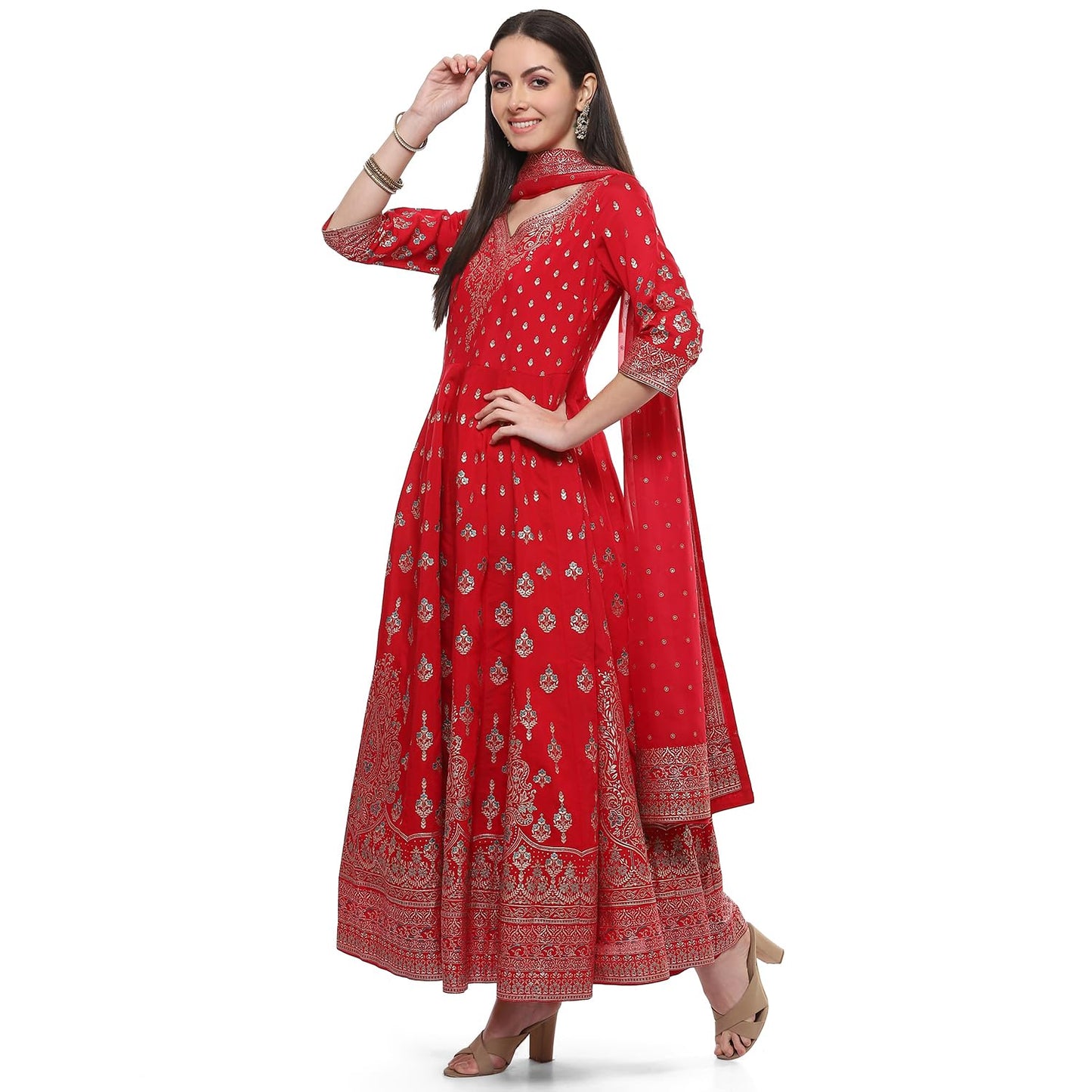 BIBA Women Printed Silk Anarkali Salwar Kurta Dupatta(Skddurgotsa8919_Red_36)