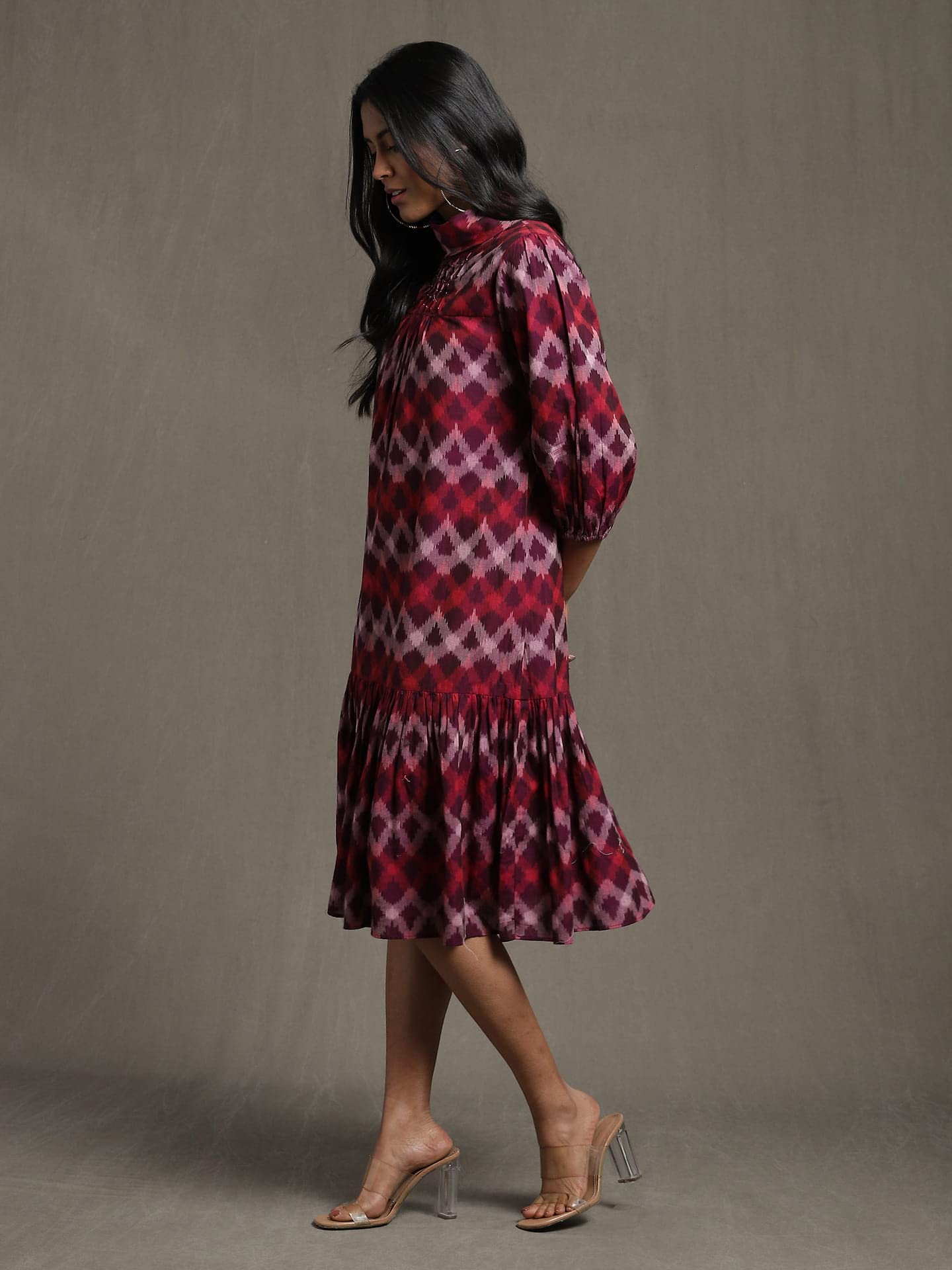 Ritu Kumar Purple Pleated High Neck Midi Dress with Ruffled Hem