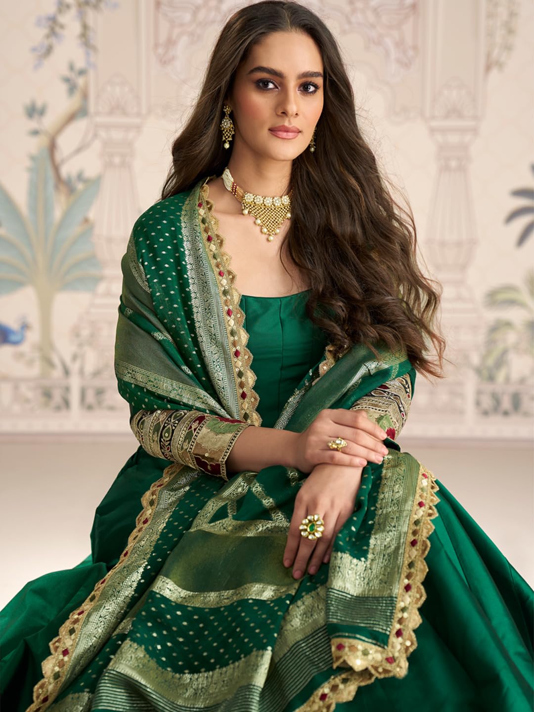 Green Vichitra Silk Sequins and Thread Zari Embroidery Work Gown with Banarasi Jacquard Dupatta (in, Alpha, L, Regular)