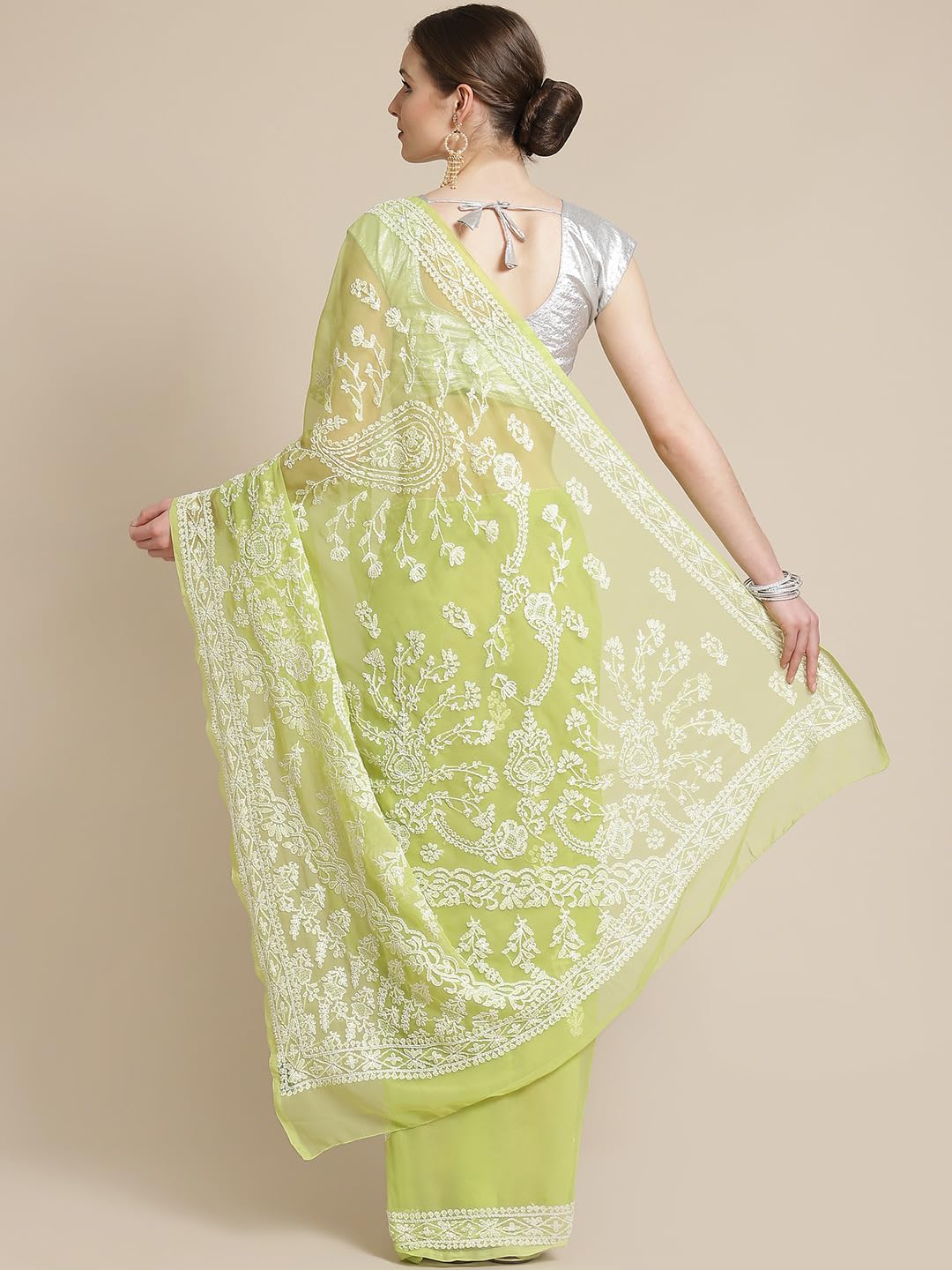 Ada Hand Embroidered Lucknow Chikankari Green Georgette Saree with Blouse Piece for Women A191630