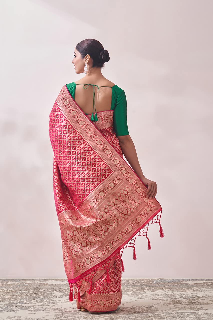 MOHEY Saree for Women, All Over Jaal, Bordered Saree with Blouse Piece, Weave Art Silk Sari (Rani)