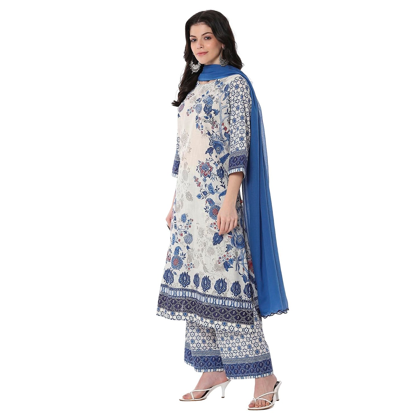 Biba Women's Cotton Kurta, Bottom, Dupatta (SKDCHZ10834SS25IND_White