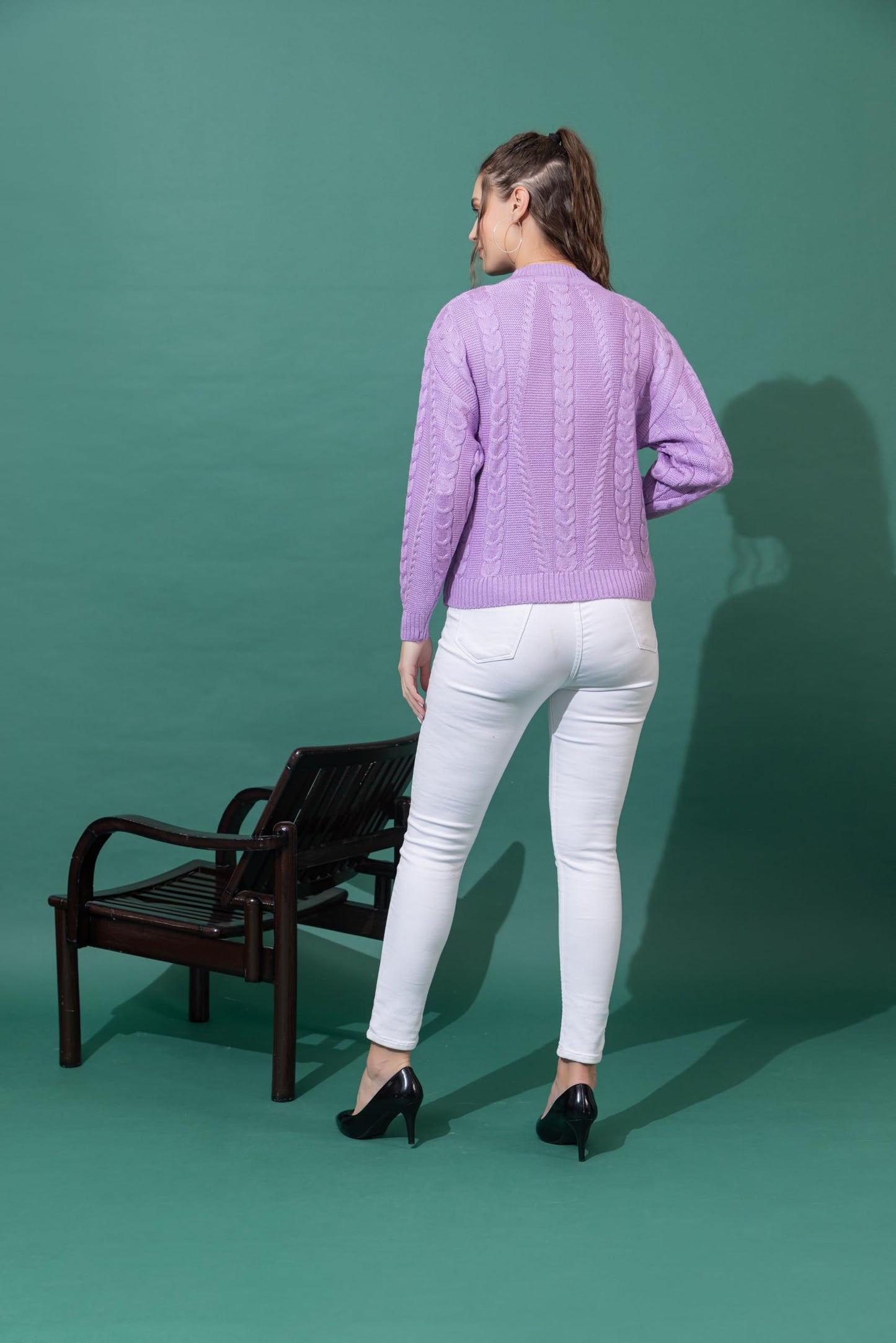 Wear lusso Women Sweater for Winter Woolen Full Sleeves Round Neck Cable Design Stylish Sweater for Winter Season (in, Alpha, L, Lavender)