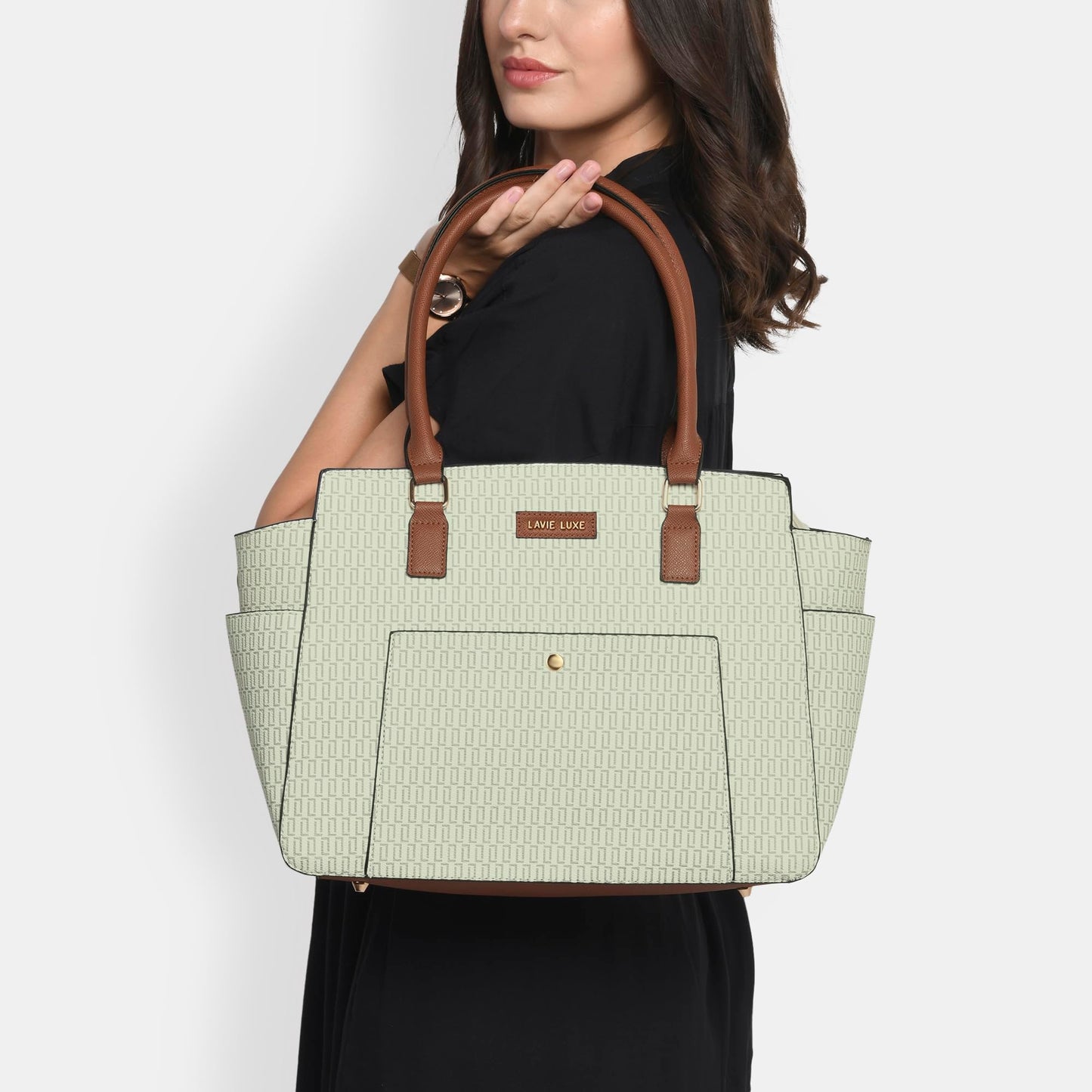 Lavie Luxe Women's Mono Kelly Monogram Print Tote Laptop Handbag for Women | Fits Upto 15 Inch Laptop | Tote Laptop Bag for Work | Ladies purse | Stylish Shoulder Bag | Gift For Women