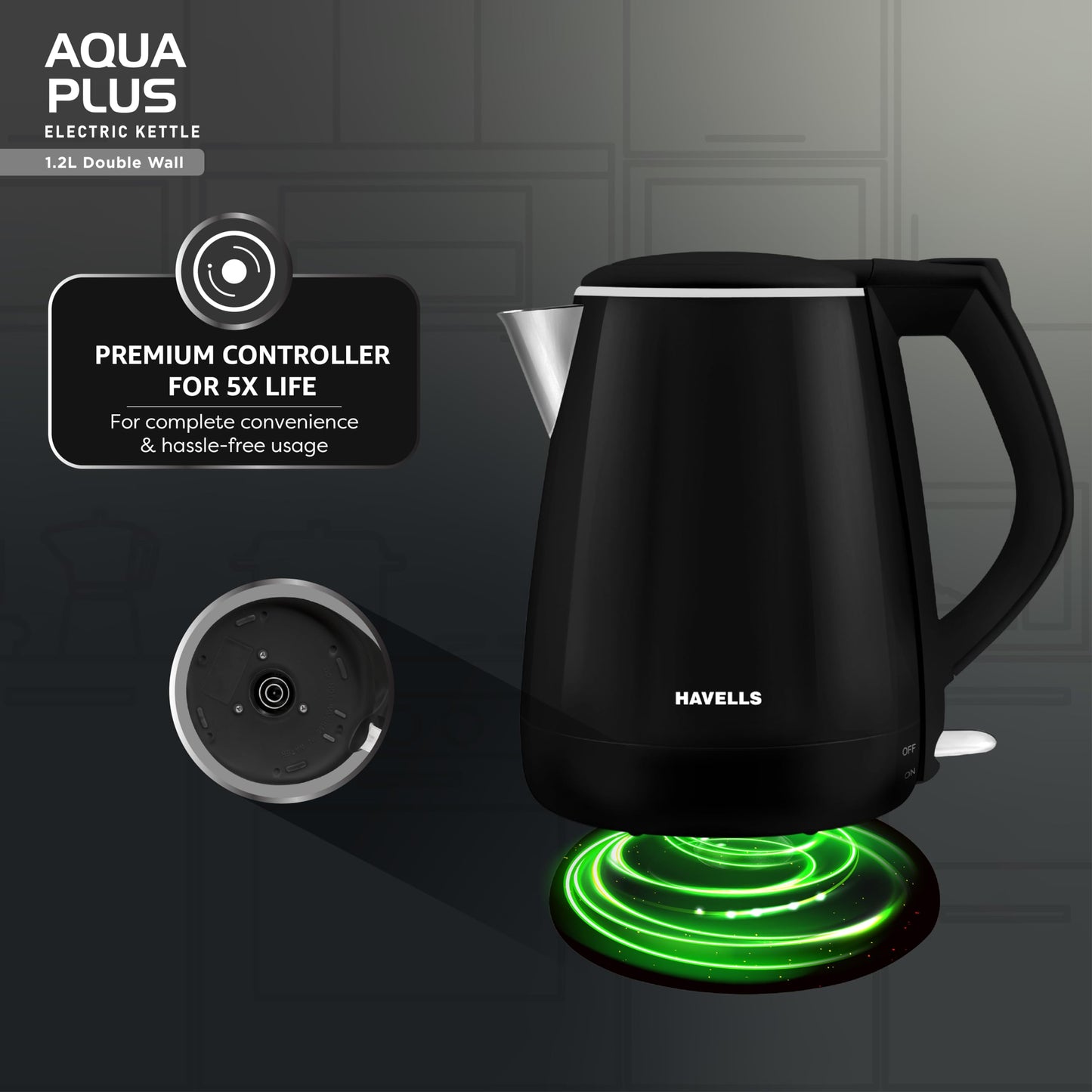 Havells Aqua Plus Electric Kettle 1.2 Litre, 1250 Watt | 304 Stainless Steel Inner Body | Cool Touch Body | Auto Shut-Off |Wider Mouth| 2 Year Warranty (Black)