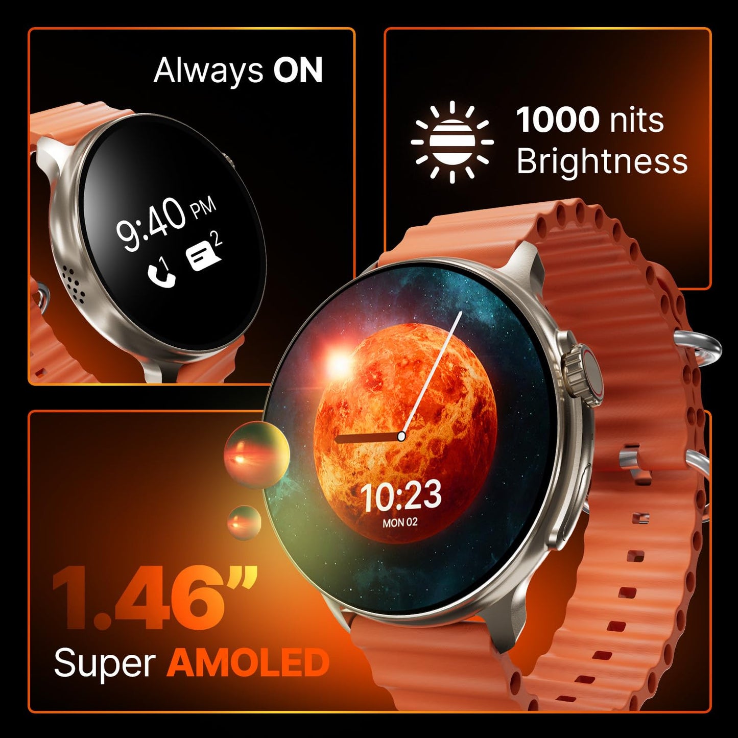 (Refurbished) CrossBeats Aura Round 1.46" Super AMOLED Smart Watch, Always On, Advanced AI ENC Bluetooth Calling, in-Built Games, Fast Charge, Rotating Crown, 123+ Sports Modes, 454 × 454 Pixel (Gold,Orange)