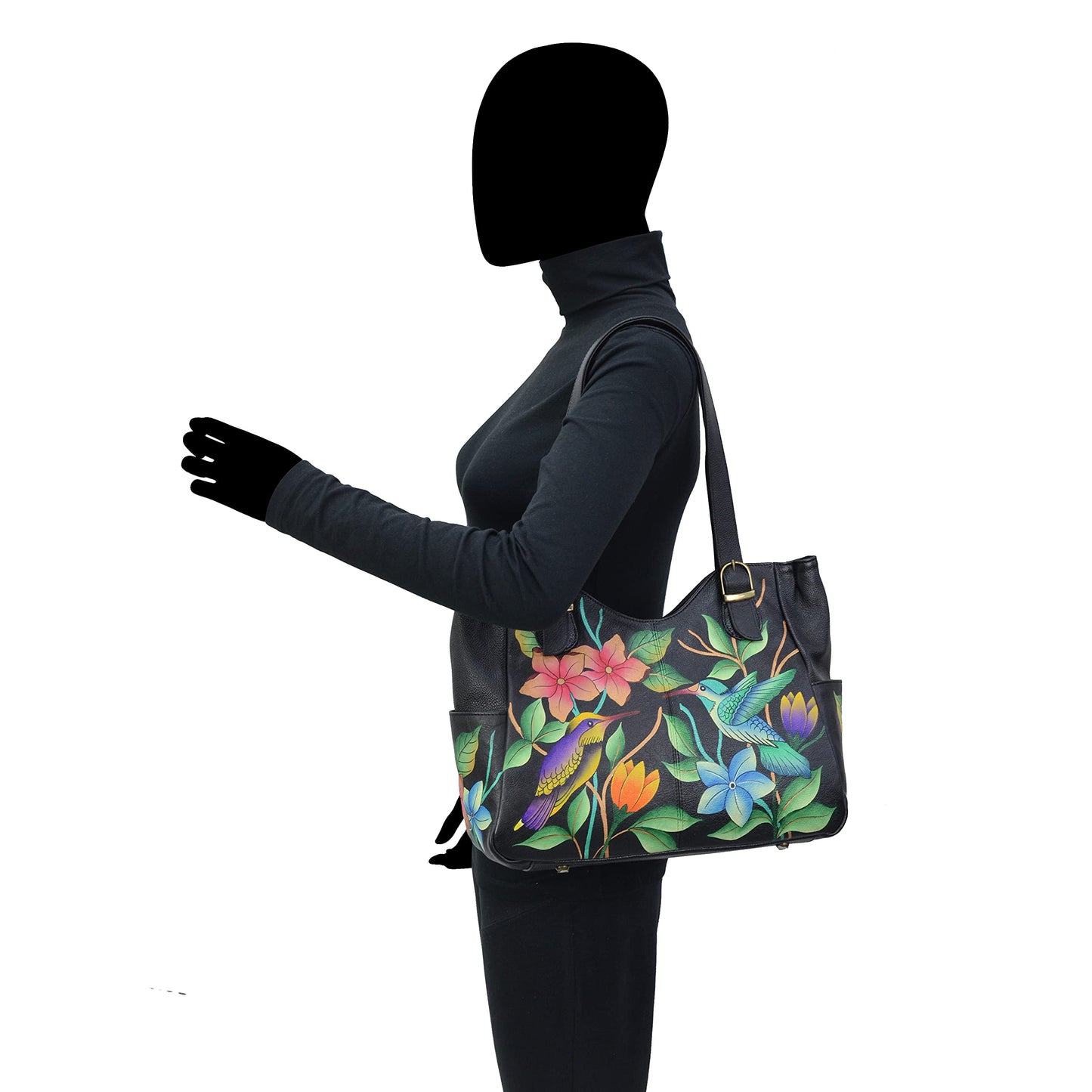 Anna by Anuschka Women's Genuine Leather Shoulder Bag - Hand Painted Original Artwork Exterior, Paradise Black, One Size